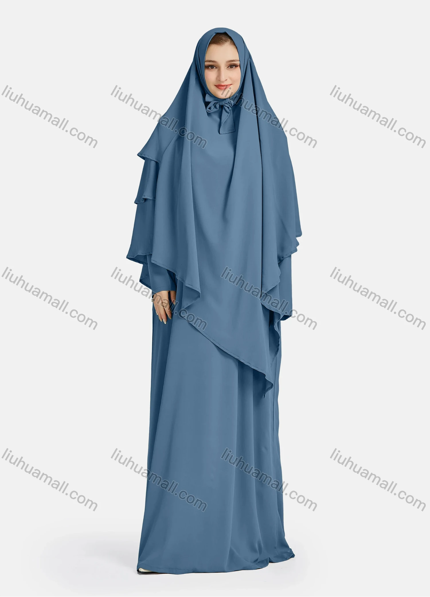 Wholesale Women's Vintage Islamic Chiffon Plain Muslim Long Sleeve Ruffle Trim Layered Floor Length Hooded Khimar Abaya Dress - Liuhuamall