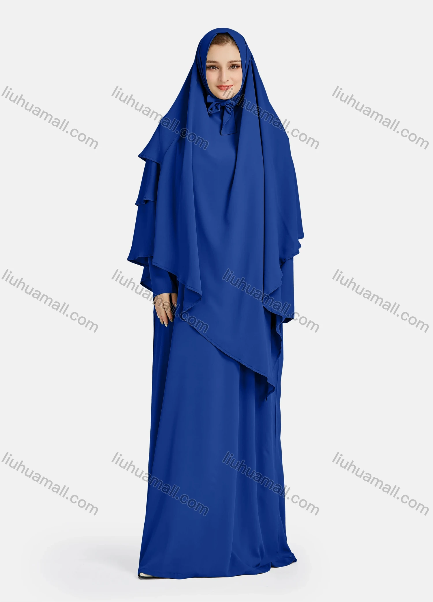 Wholesale Women's Vintage Islamic Chiffon Plain Muslim Long Sleeve Ruffle Trim Layered Floor Length Hooded Khimar Abaya Dress - Liuhuamall