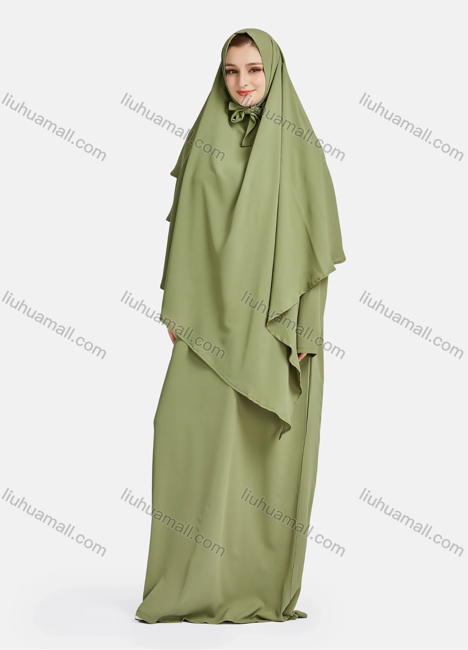 Wholesale Women's Vintage Islamic Chiffon Plain Muslim Long Sleeve Ruffle Trim Layered Floor Length Hooded Khimar Abaya Dress - Liuhuamall