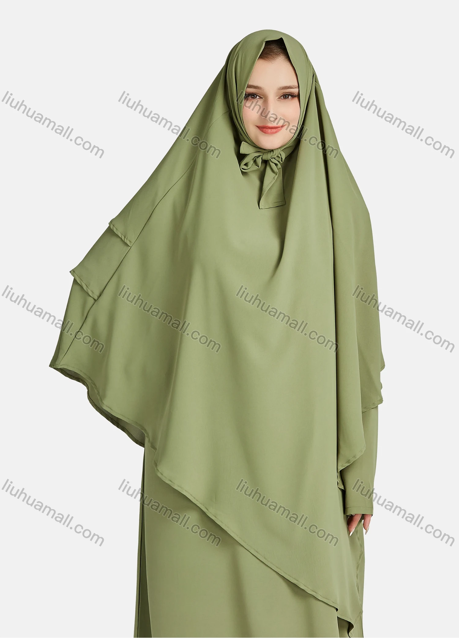 Wholesale Women's Vintage Islamic Chiffon Plain Muslim Long Sleeve Ruffle Trim Layered Floor Length Hooded Khimar Abaya Dress - Liuhuamall