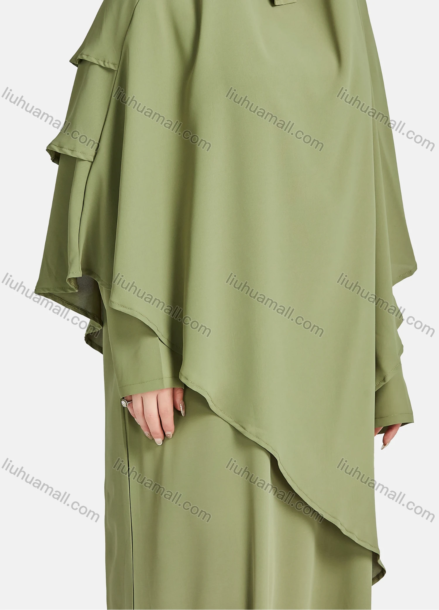 Wholesale Women's Vintage Islamic Chiffon Plain Muslim Long Sleeve Ruffle Trim Layered Floor Length Hooded Khimar Abaya Dress - Liuhuamall