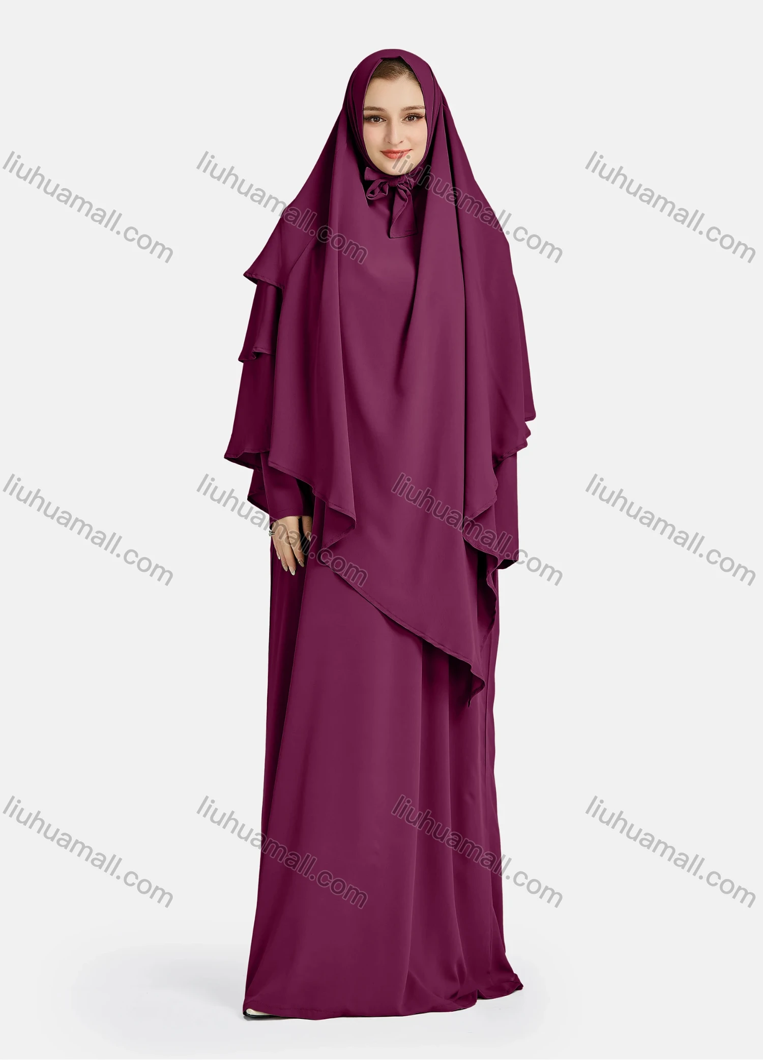 Wholesale Women's Vintage Islamic Chiffon Plain Muslim Long Sleeve Ruffle Trim Layered Floor Length Hooded Khimar Abaya Dress - Liuhuamall