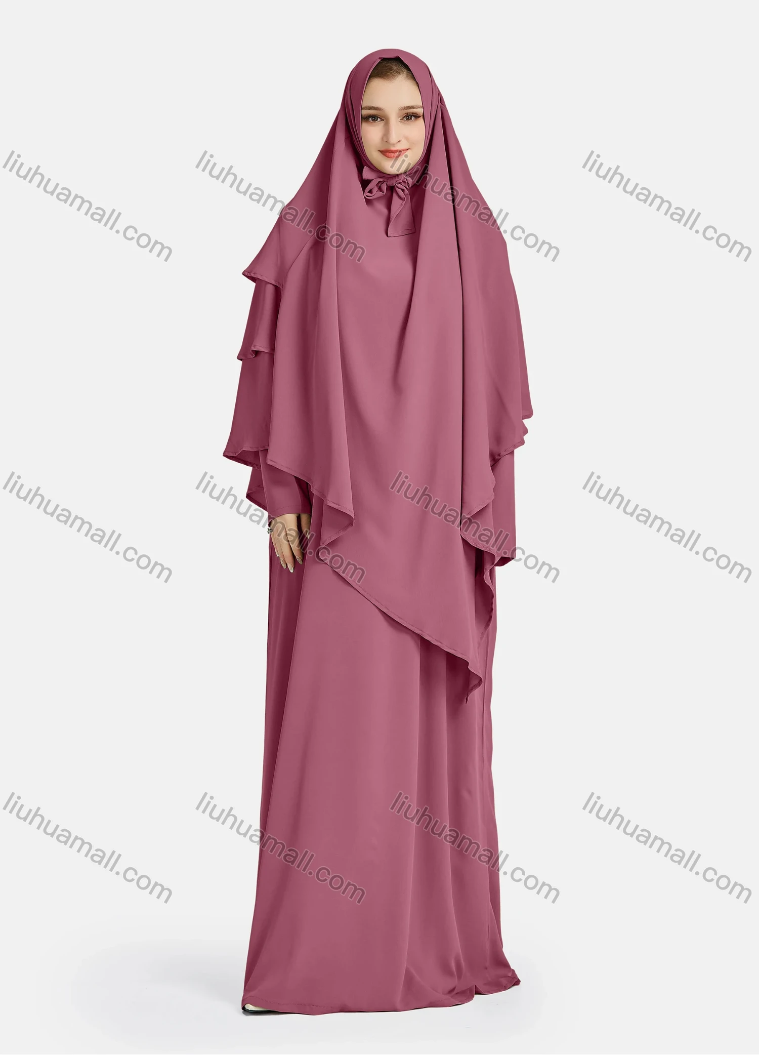 Wholesale Women's Vintage Islamic Chiffon Plain Muslim Long Sleeve Ruffle Trim Layered Floor Length Hooded Khimar Abaya Dress - Liuhuamall