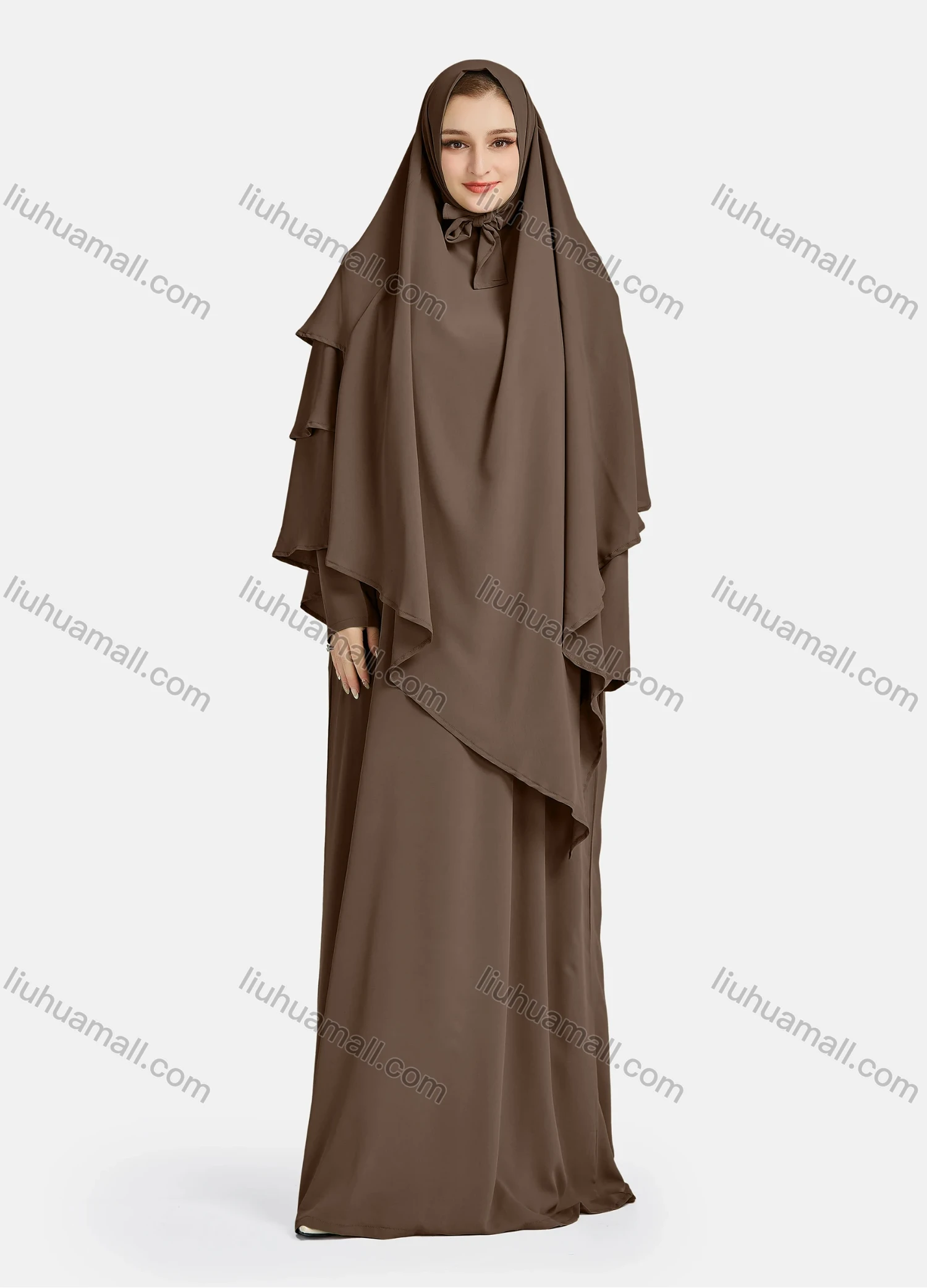Wholesale Women's Vintage Islamic Chiffon Plain Muslim Long Sleeve Ruffle Trim Layered Floor Length Hooded Khimar Abaya Dress - Liuhuamall