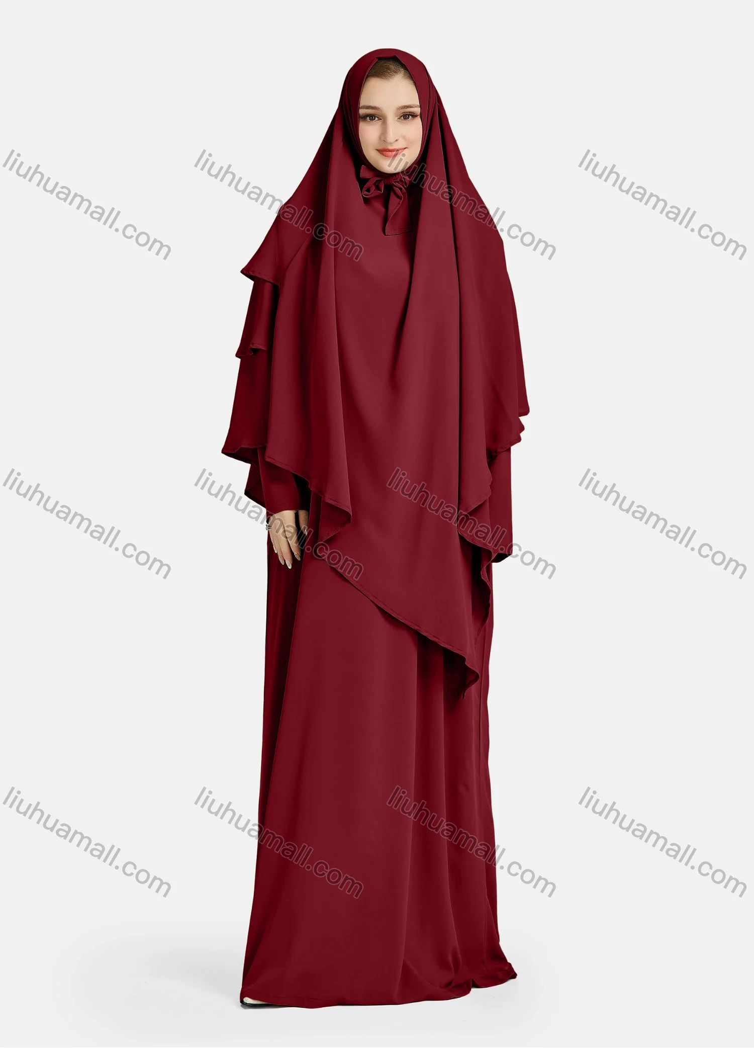 Wholesale Women's Vintage Islamic Chiffon Plain Muslim Long Sleeve Ruffle Trim Layered Floor Length Hooded Khimar Abaya Dress - Liuhuamall