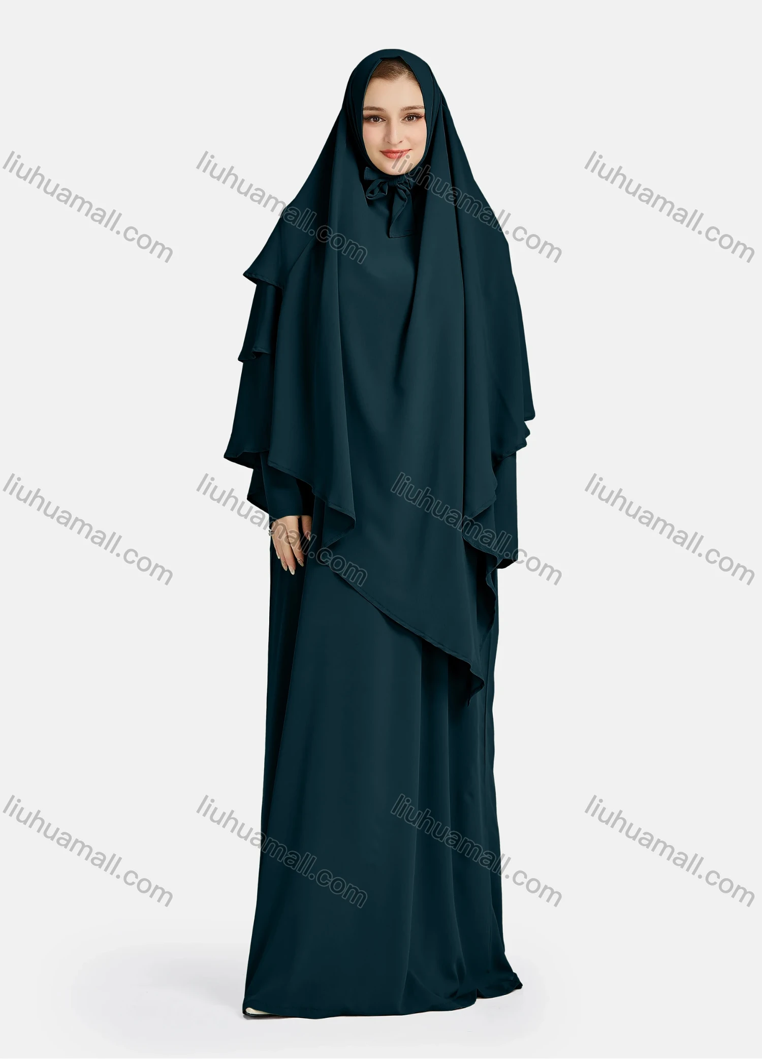 Wholesale Women's Vintage Islamic Chiffon Plain Muslim Long Sleeve Ruffle Trim Layered Floor Length Hooded Khimar Abaya Dress - Liuhuamall