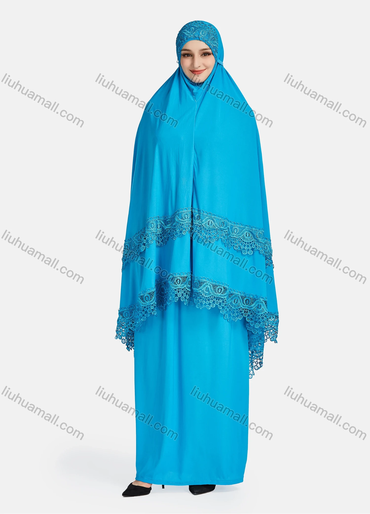 Wholesale Women's Vintage Islamic Plain Embroidery Lace Muslim Long Sleeve Hijab Maxi Scarf Khimar Abaya Dress - Liuhuamall