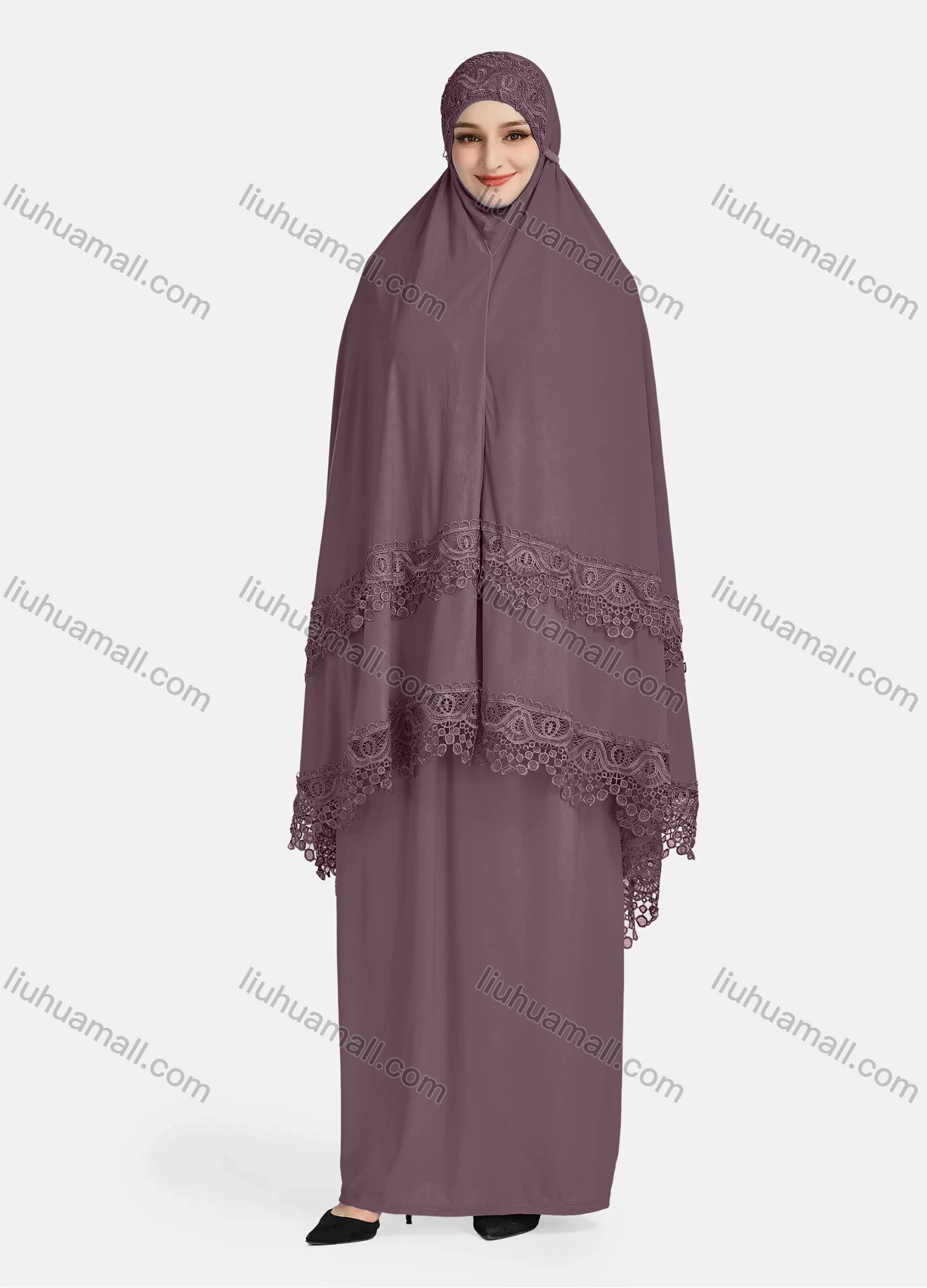Wholesale Women's Vintage Islamic Plain Embroidery Lace Muslim Long Sleeve Hijab Maxi Scarf Khimar Abaya Dress - Liuhuamall