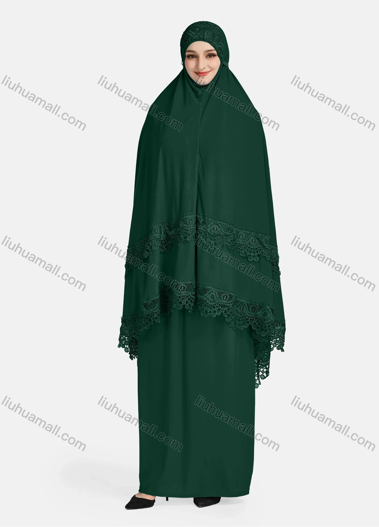 Wholesale Women's Vintage Islamic Plain Embroidery Lace Muslim Long Sleeve Hijab Maxi Scarf Khimar Abaya Dress - Liuhuamall