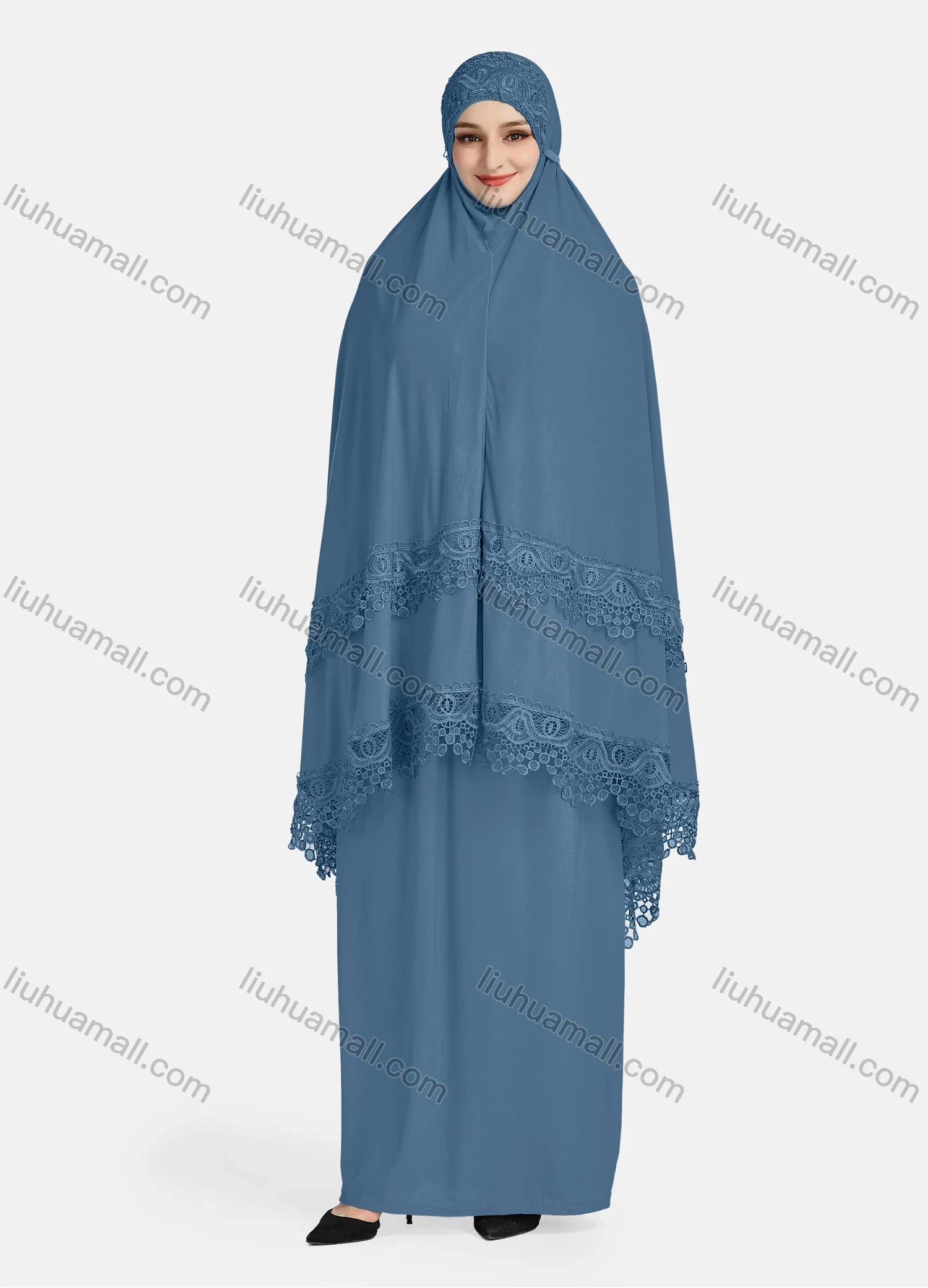 Wholesale Women's Vintage Islamic Plain Embroidery Lace Muslim Long Sleeve Hijab Maxi Scarf Khimar Abaya Dress - Liuhuamall
