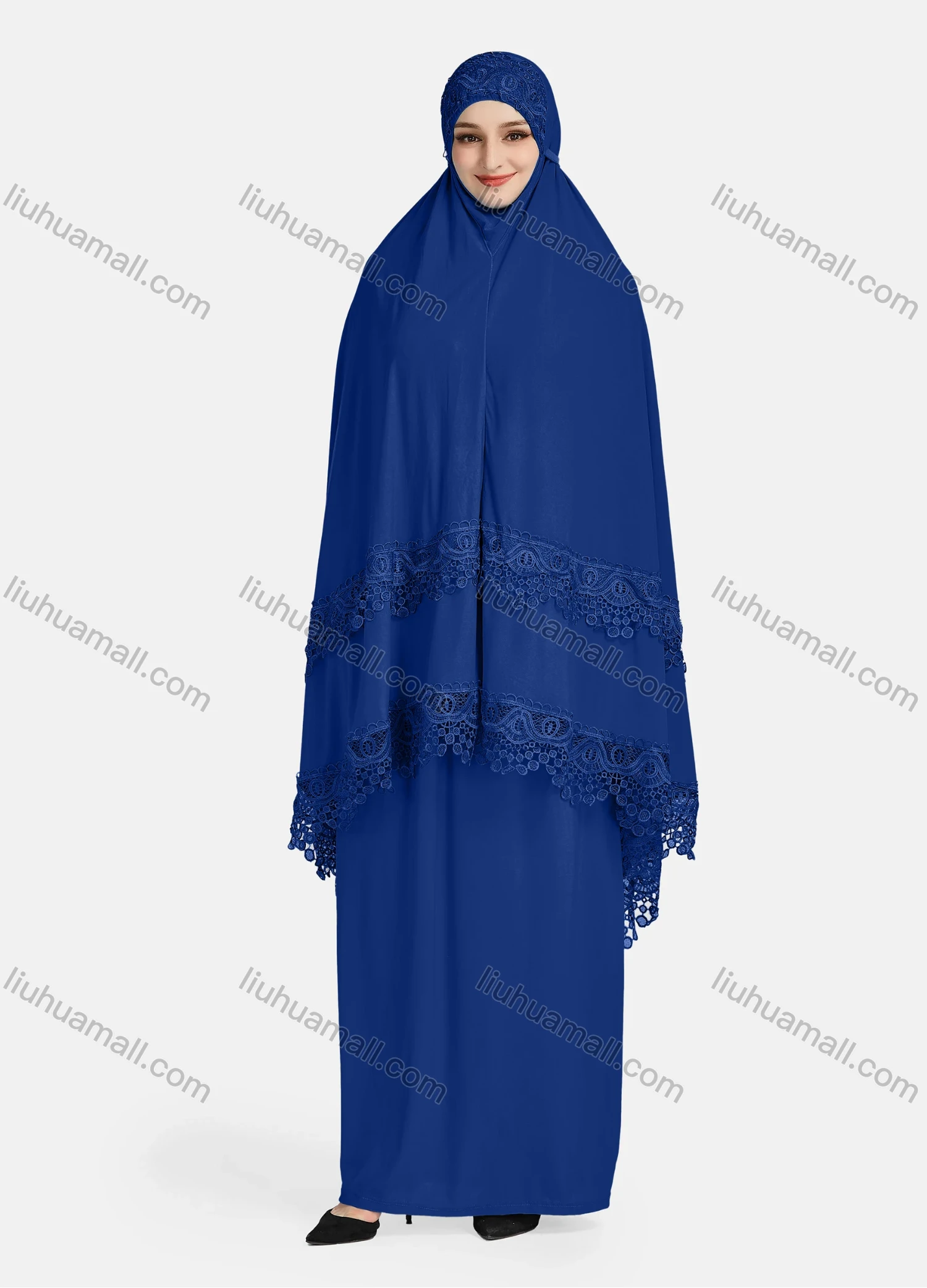 Wholesale Women's Vintage Islamic Plain Embroidery Lace Muslim Long Sleeve Hijab Maxi Scarf Khimar Abaya Dress - Liuhuamall