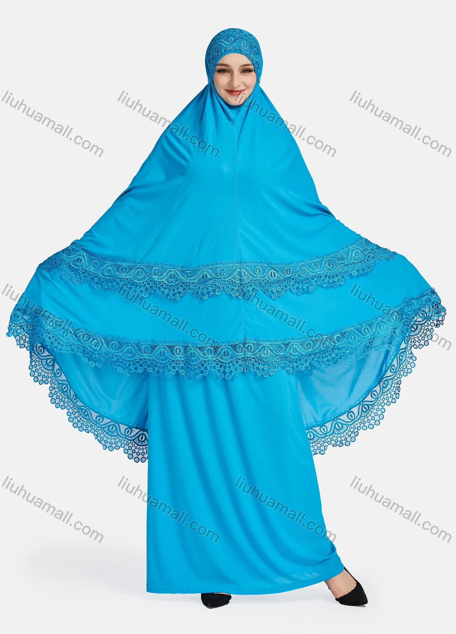 Wholesale Women's Vintage Islamic Plain Embroidery Lace Muslim Long Sleeve Hijab Maxi Scarf Khimar Abaya Dress - Liuhuamall