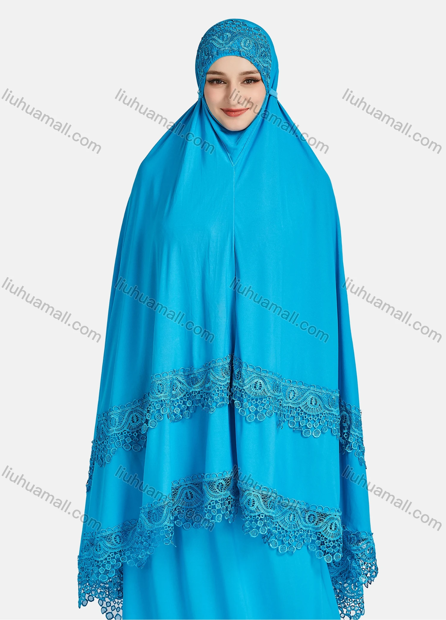 Wholesale Women's Vintage Islamic Plain Embroidery Lace Muslim Long Sleeve Hijab Maxi Scarf Khimar Abaya Dress - Liuhuamall