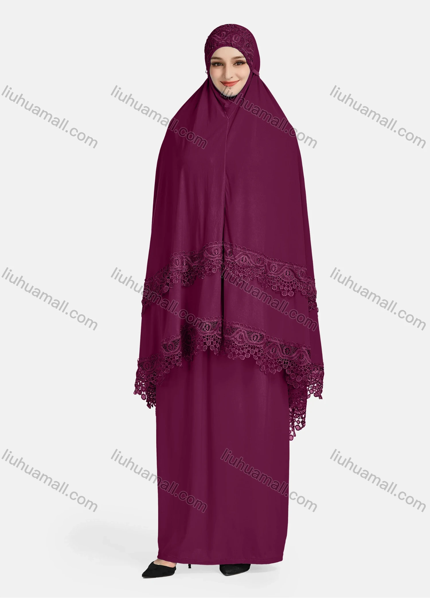 Wholesale Women's Vintage Islamic Plain Embroidery Lace Muslim Long Sleeve Hijab Maxi Scarf Khimar Abaya Dress - Liuhuamall
