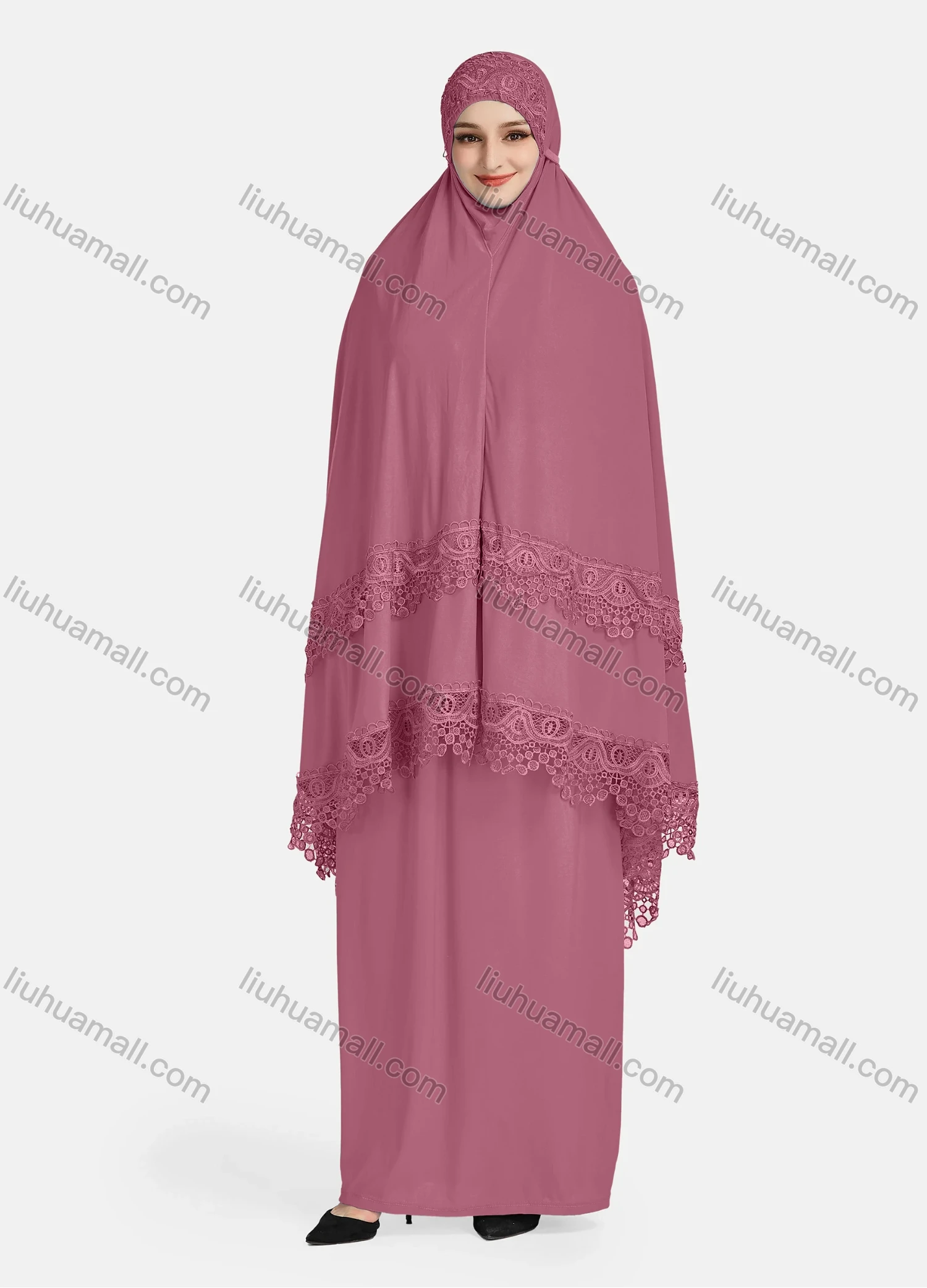 Wholesale Women's Vintage Islamic Plain Embroidery Lace Muslim Long Sleeve Hijab Maxi Scarf Khimar Abaya Dress - Liuhuamall