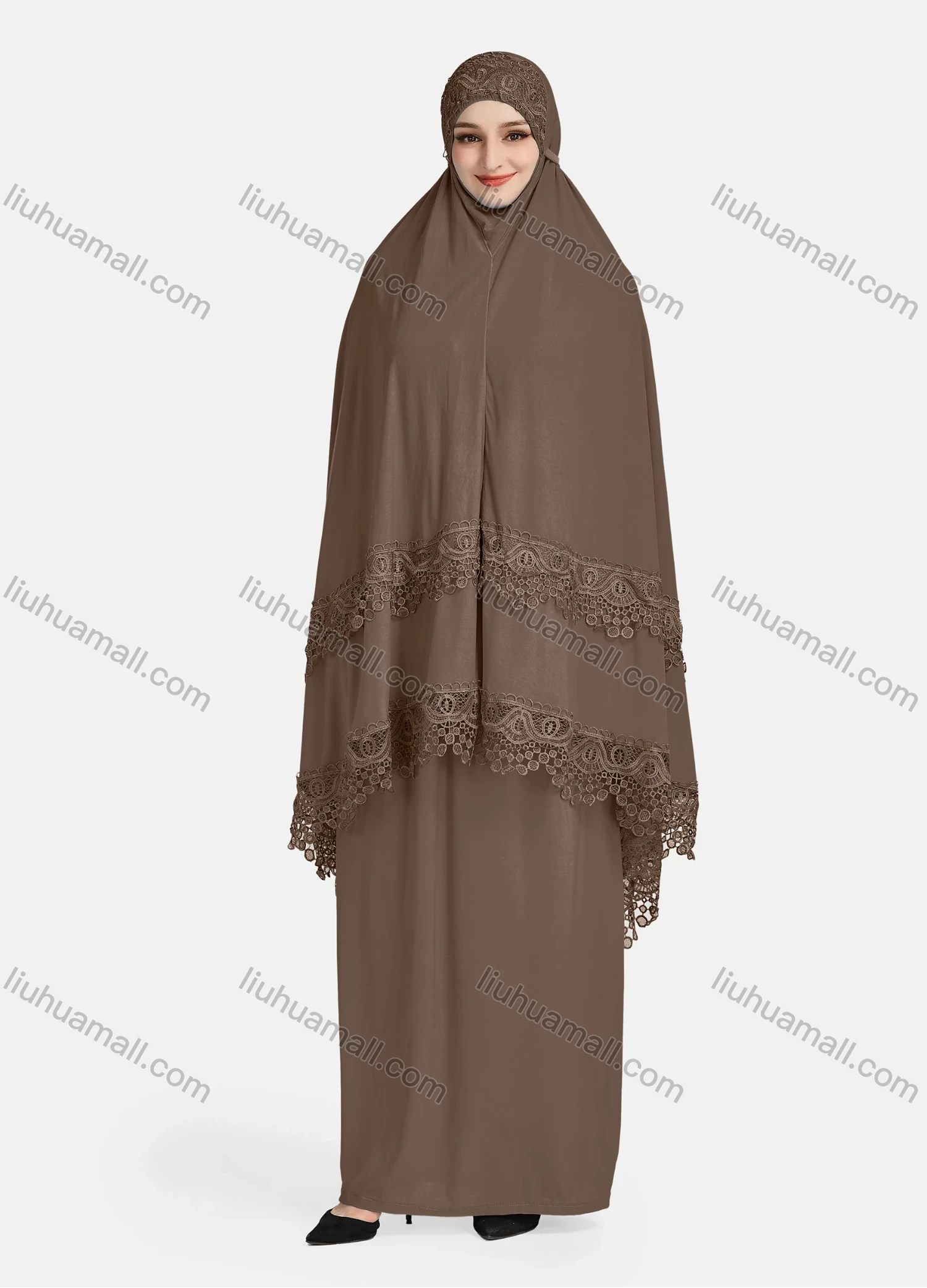 Wholesale Women's Vintage Islamic Plain Embroidery Lace Muslim Long Sleeve Hijab Maxi Scarf Khimar Abaya Dress - Liuhuamall