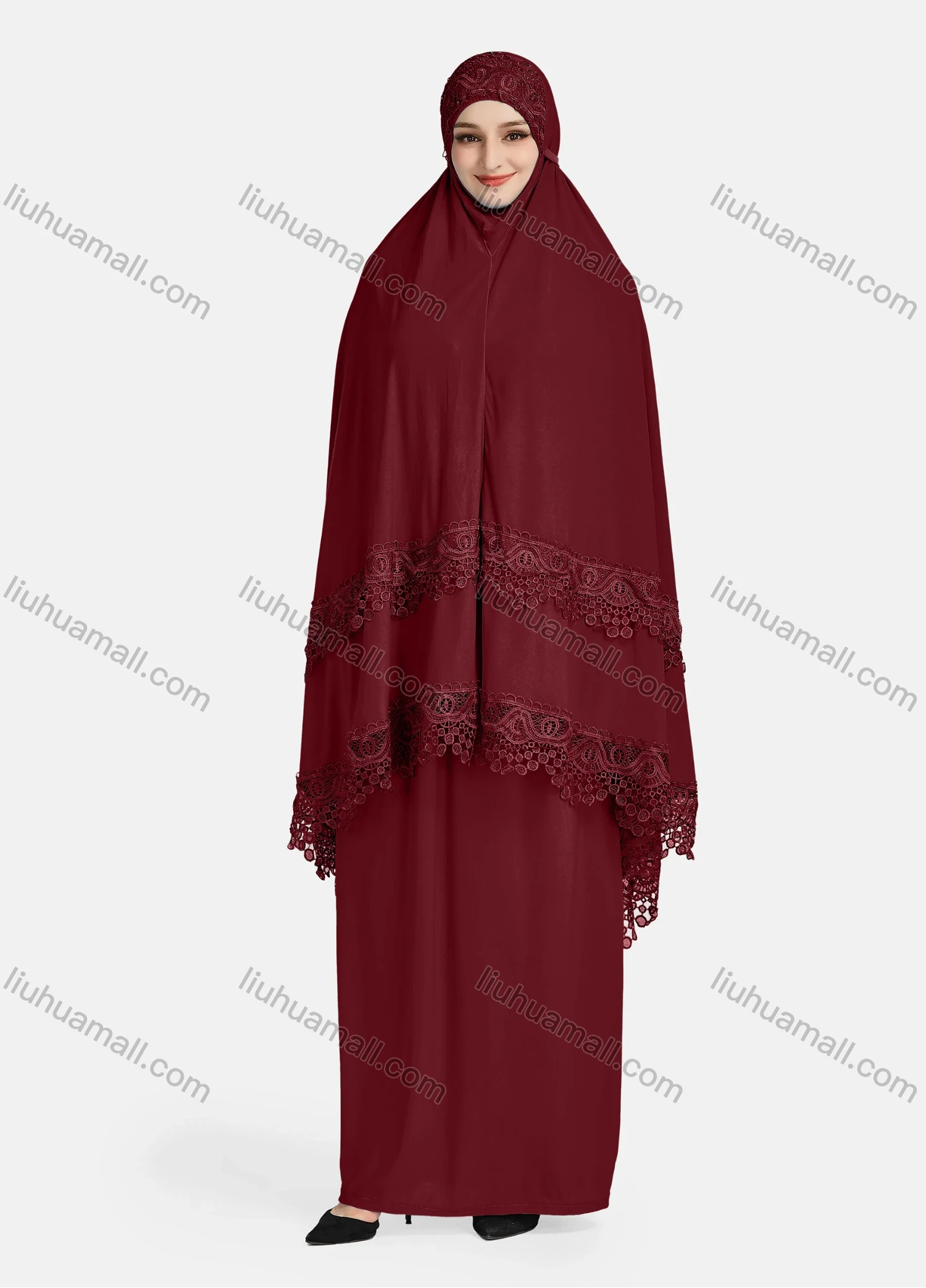 Wholesale Women's Vintage Islamic Plain Embroidery Lace Muslim Long Sleeve Hijab Maxi Scarf Khimar Abaya Dress - Liuhuamall