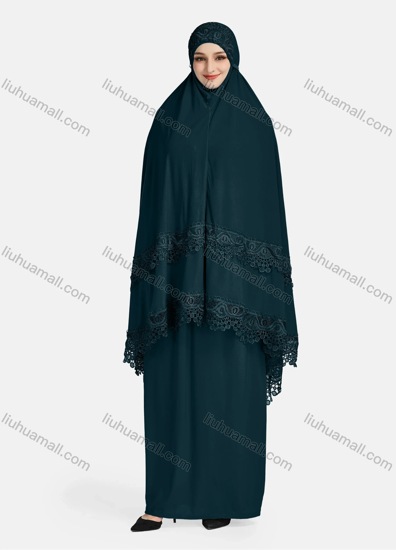 Wholesale Women's Vintage Islamic Plain Embroidery Lace Muslim Long Sleeve Hijab Maxi Scarf Khimar Abaya Dress - Liuhuamall