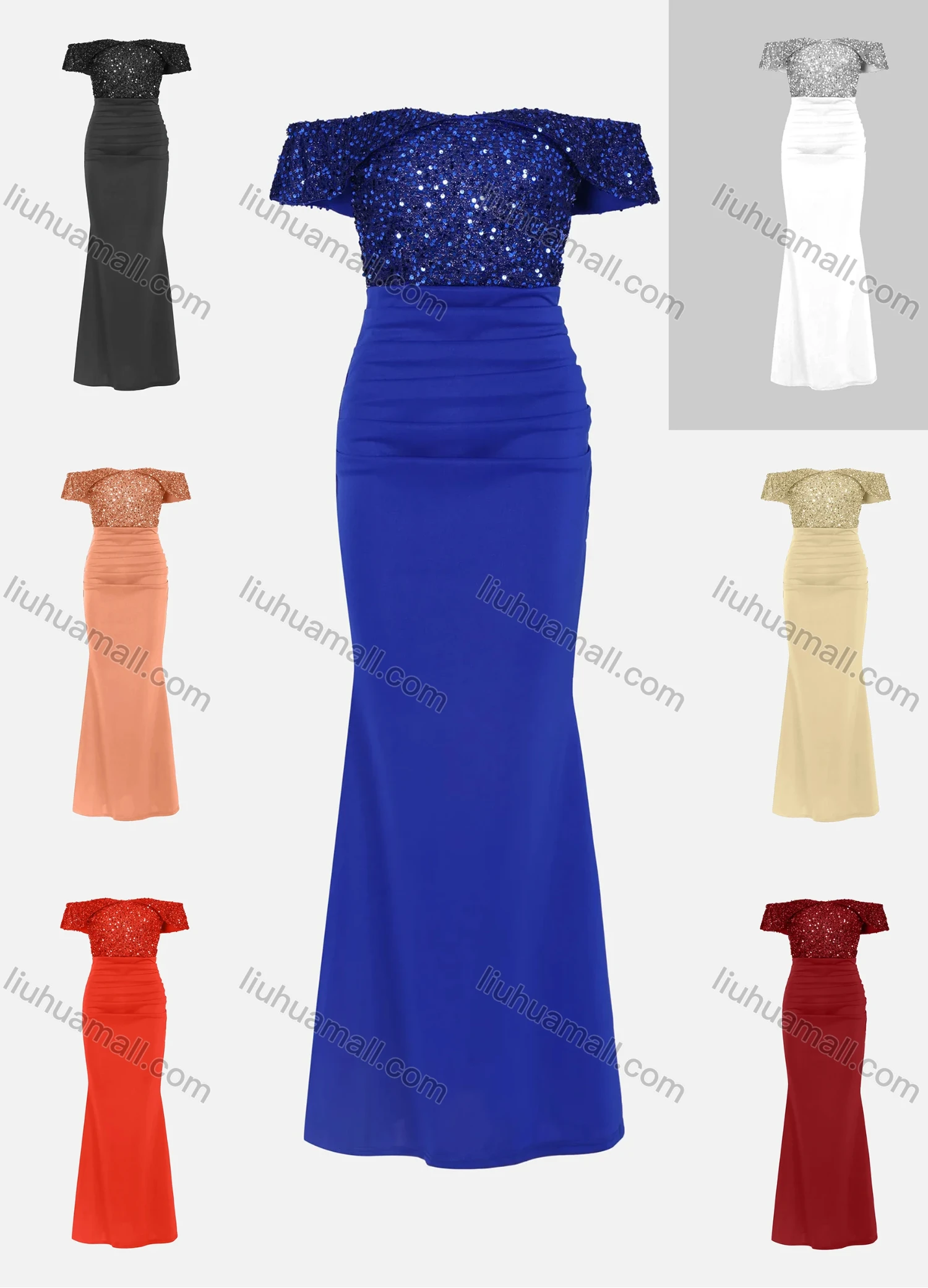 Wholesale Women's Elegant Off Shoulder Sequin Cap Ruched Mermaid Evening Dress 5008# - Liuhuamall