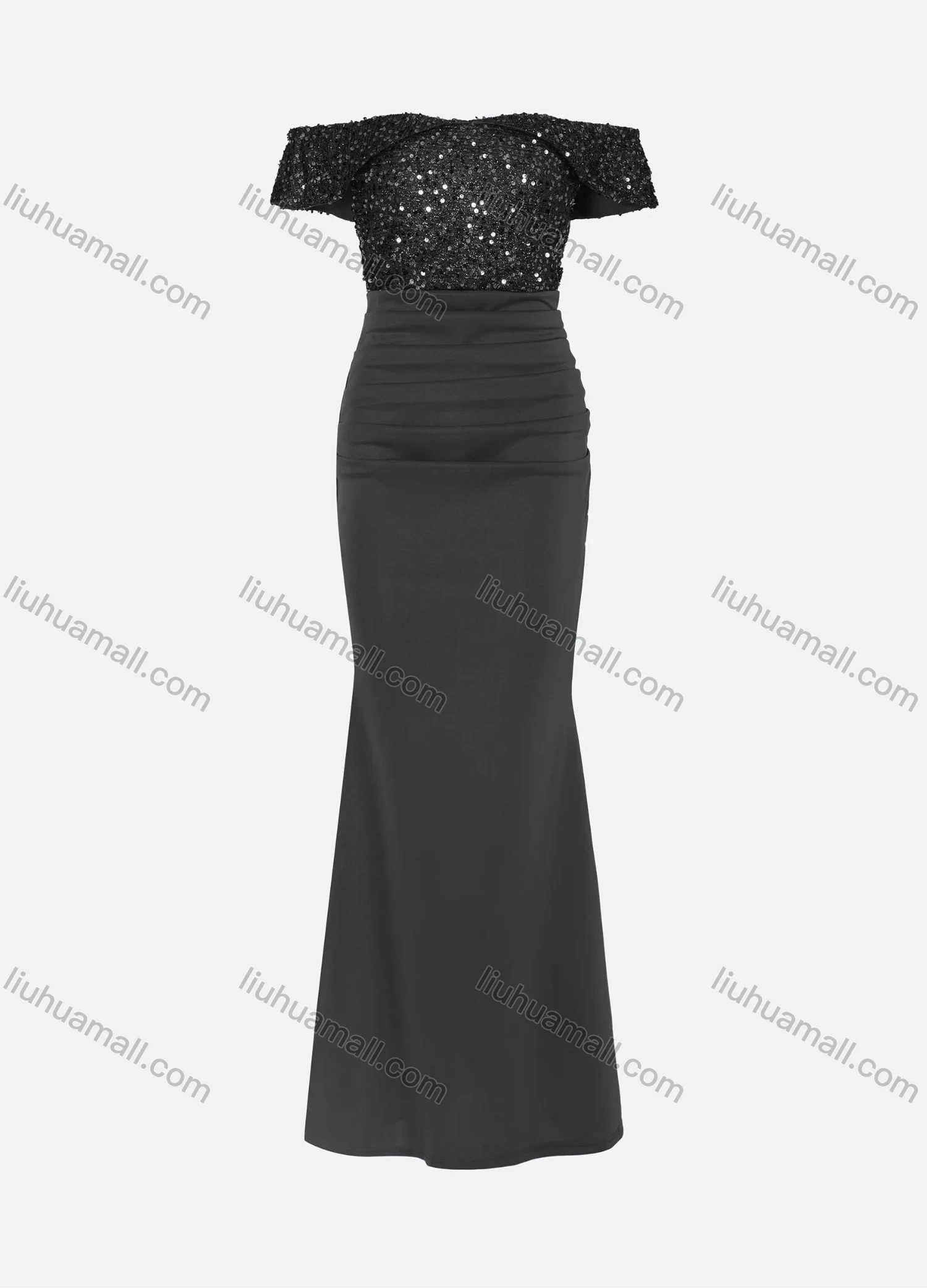 Wholesale Women's Elegant Off Shoulder Sequin Cap Ruched Mermaid Evening Dress 5008# - Liuhuamall