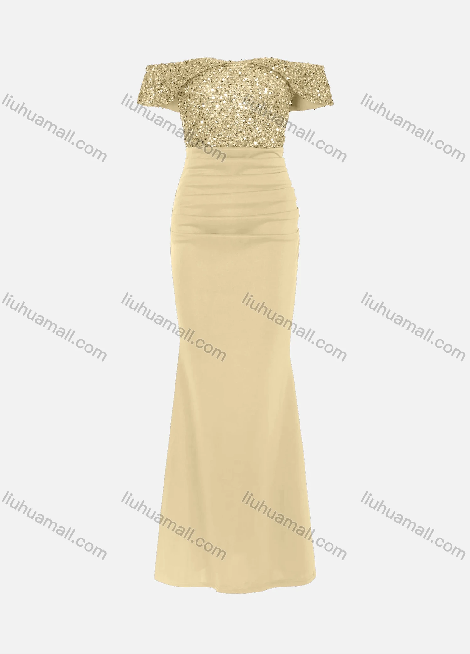 Wholesale Women's Elegant Off Shoulder Sequin Cap Ruched Mermaid Evening Dress 5008# - Liuhuamall