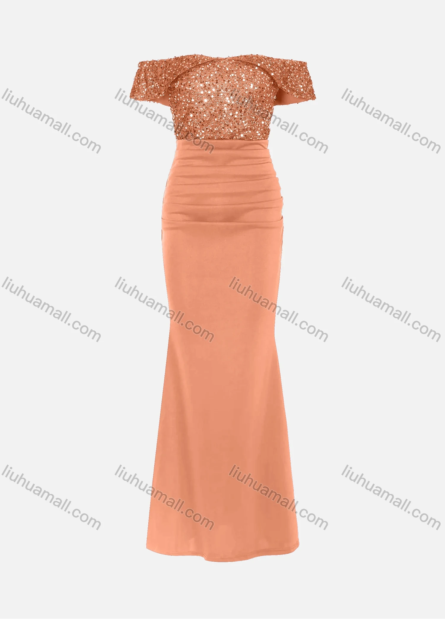 Wholesale Women's Elegant Off Shoulder Sequin Cap Ruched Mermaid Evening Dress 5008# - Liuhuamall