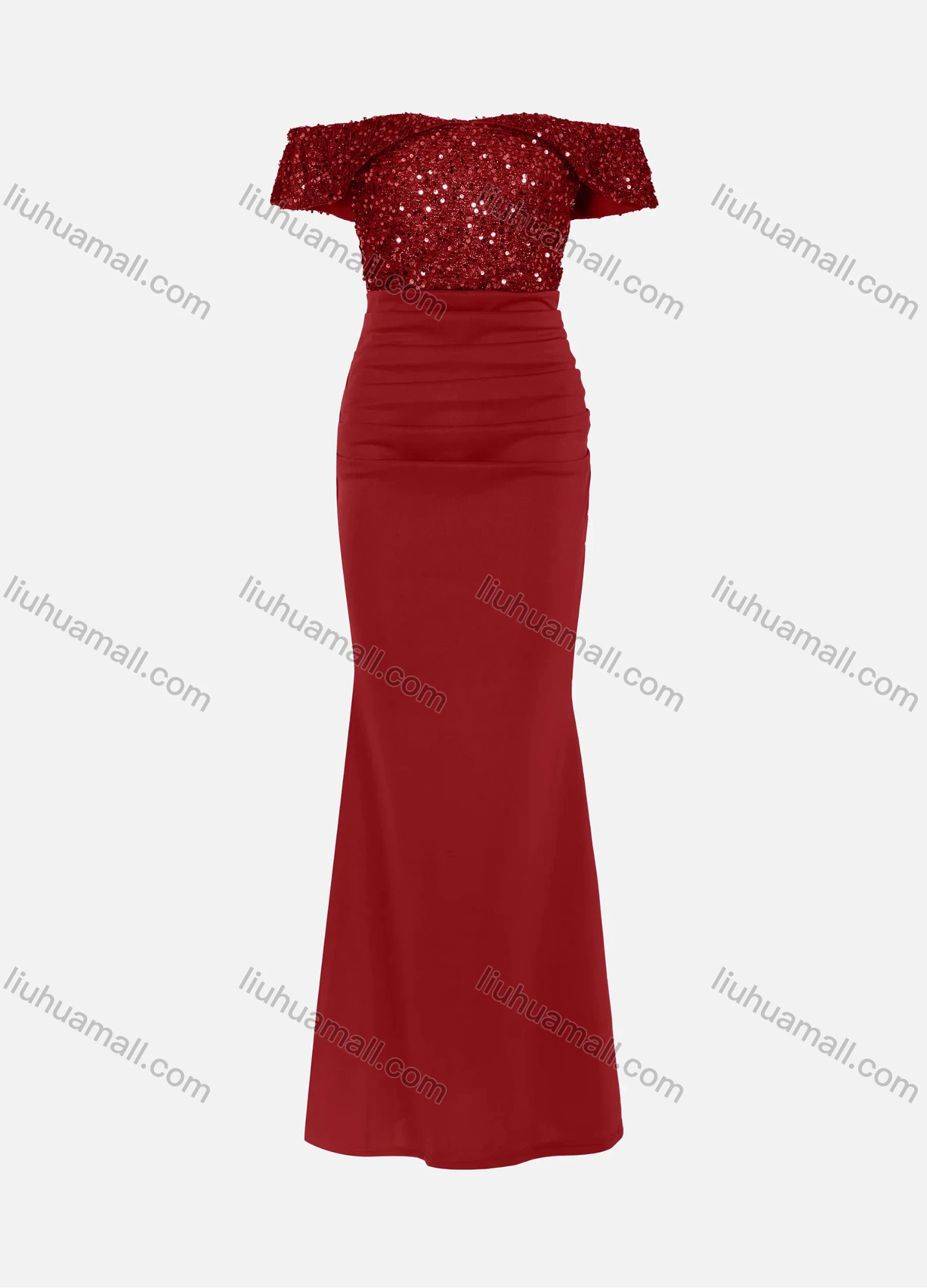 Wholesale Women's Elegant Off Shoulder Sequin Cap Ruched Mermaid Evening Dress 5008# - Liuhuamall