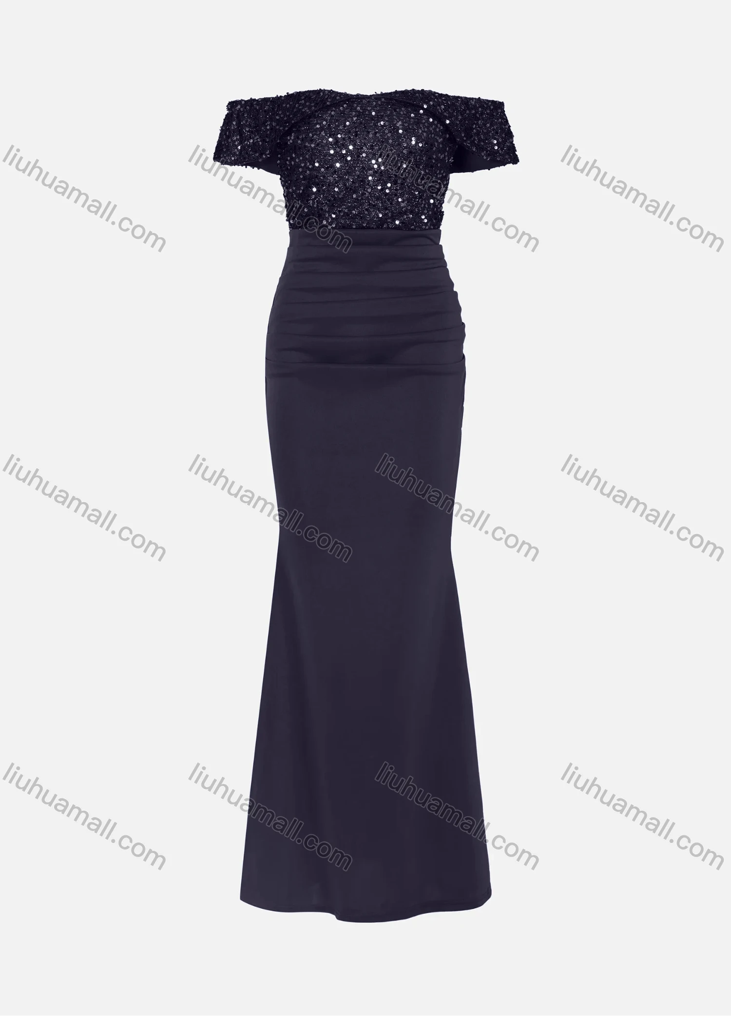 Wholesale Women's Elegant Off Shoulder Sequin Cap Ruched Mermaid Evening Dress 5008# - Liuhuamall