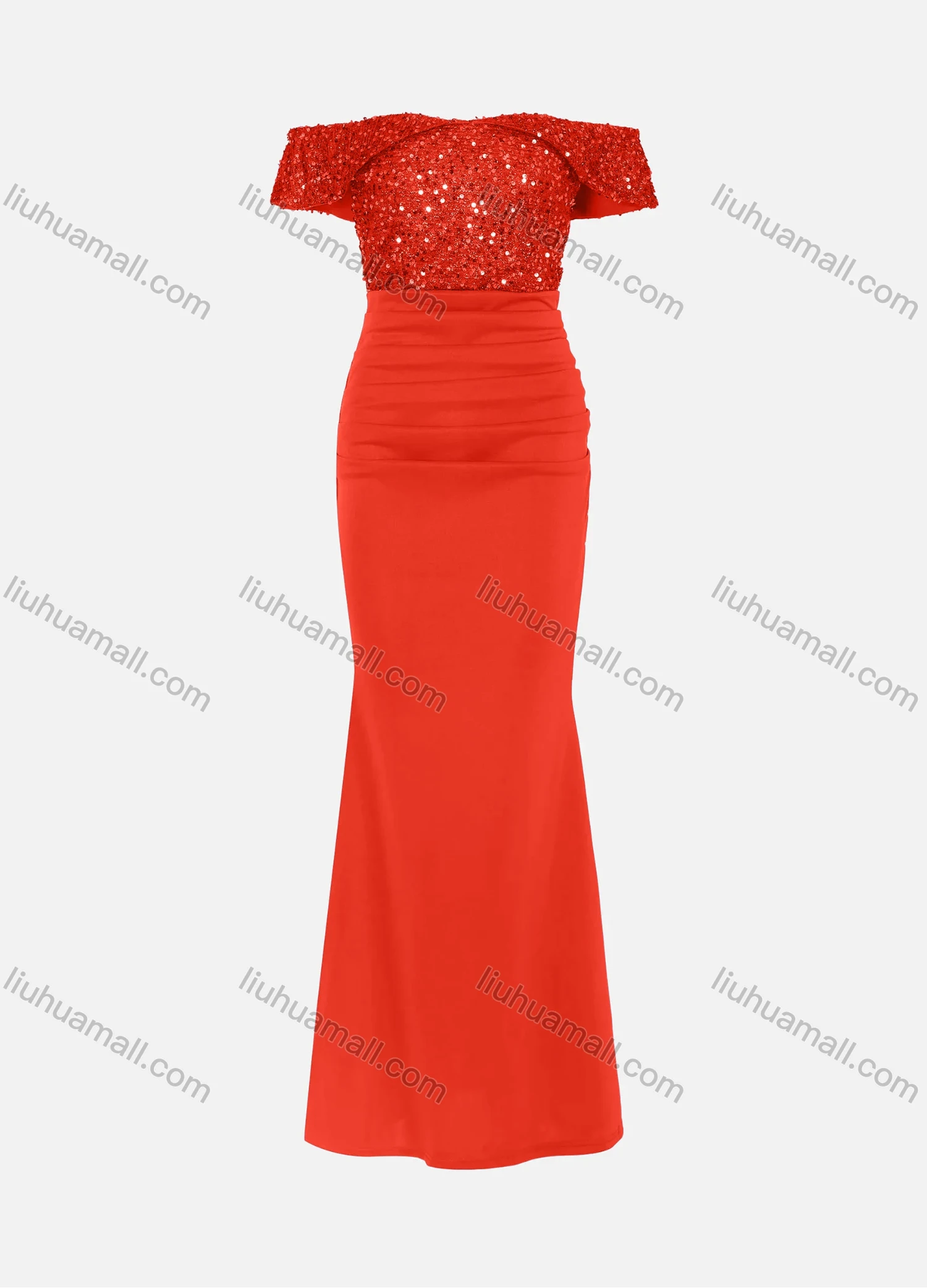 Wholesale Women's Elegant Off Shoulder Sequin Cap Ruched Mermaid Evening Dress 5008# - Liuhuamall
