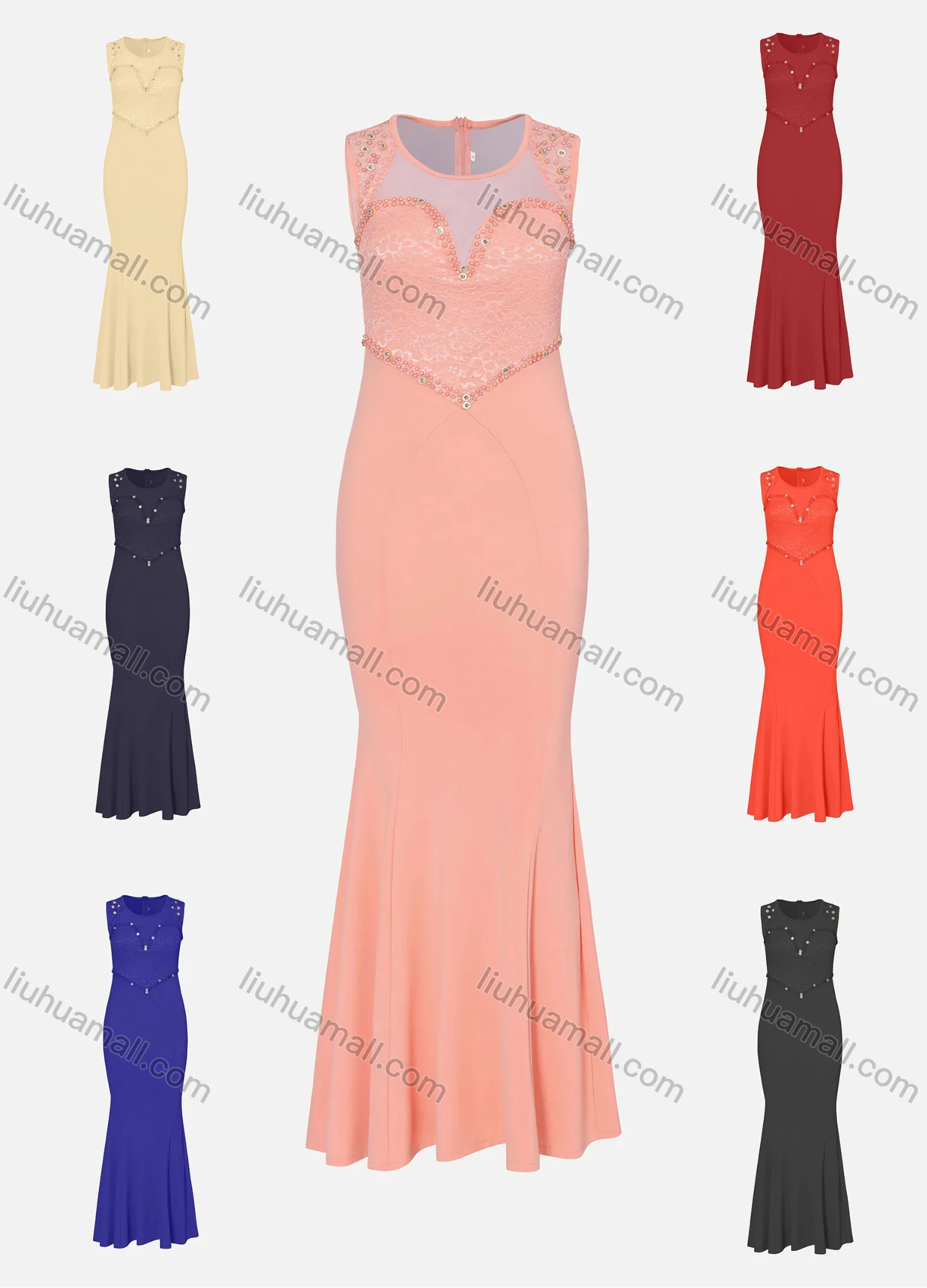 Wholesale Women's Elegant Crew Neck Sleeveless Beaded Lace Mermaid Evening Dress 3013# - Liuhuamall