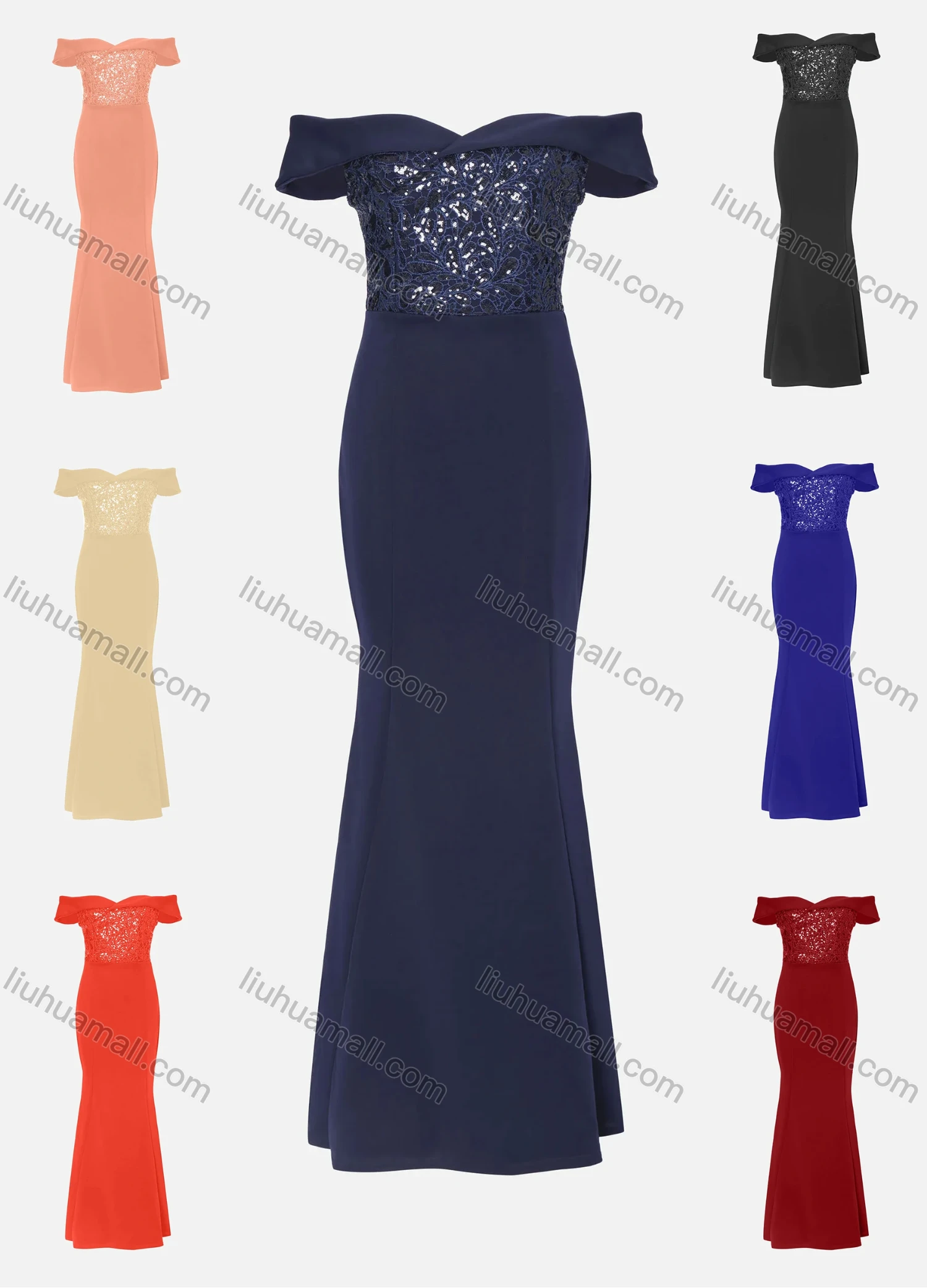 Wholesale Women's Elegant Off Shoulder Sequin Cap Mermaid Evening Dress 970# - Liuhuamall