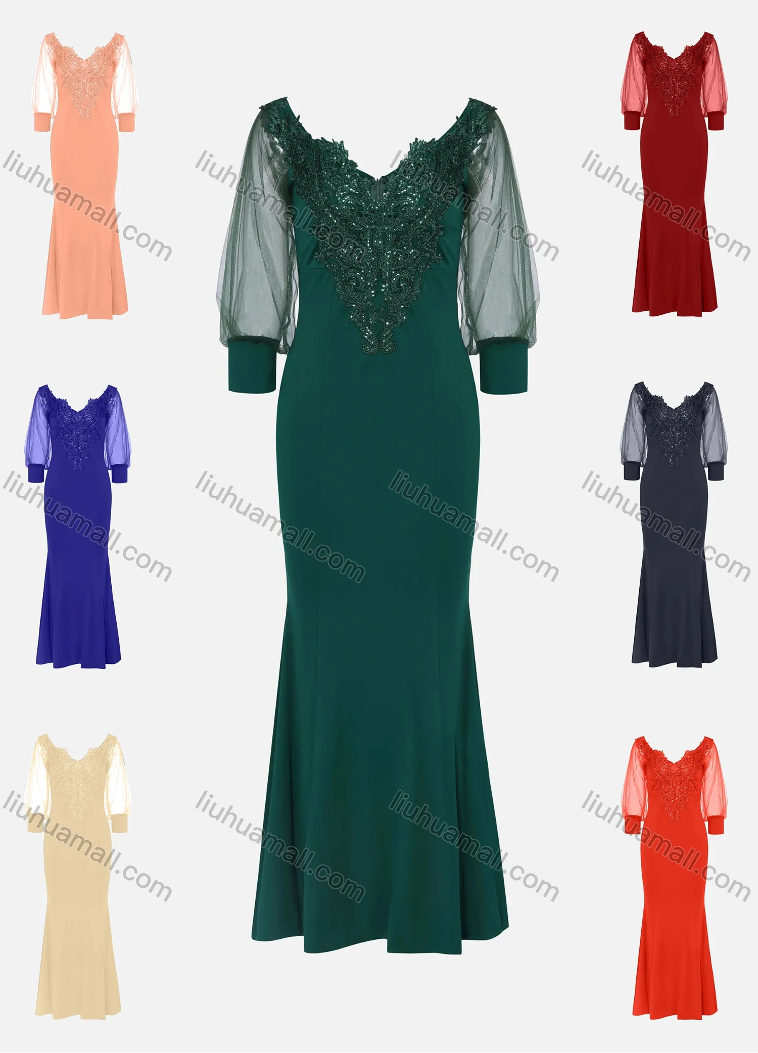 Wholesale Women's Elegant Lace Sleeve Sequin Appliques Embroidered Mermaid Evening Dress 3021# - Liuhuamall