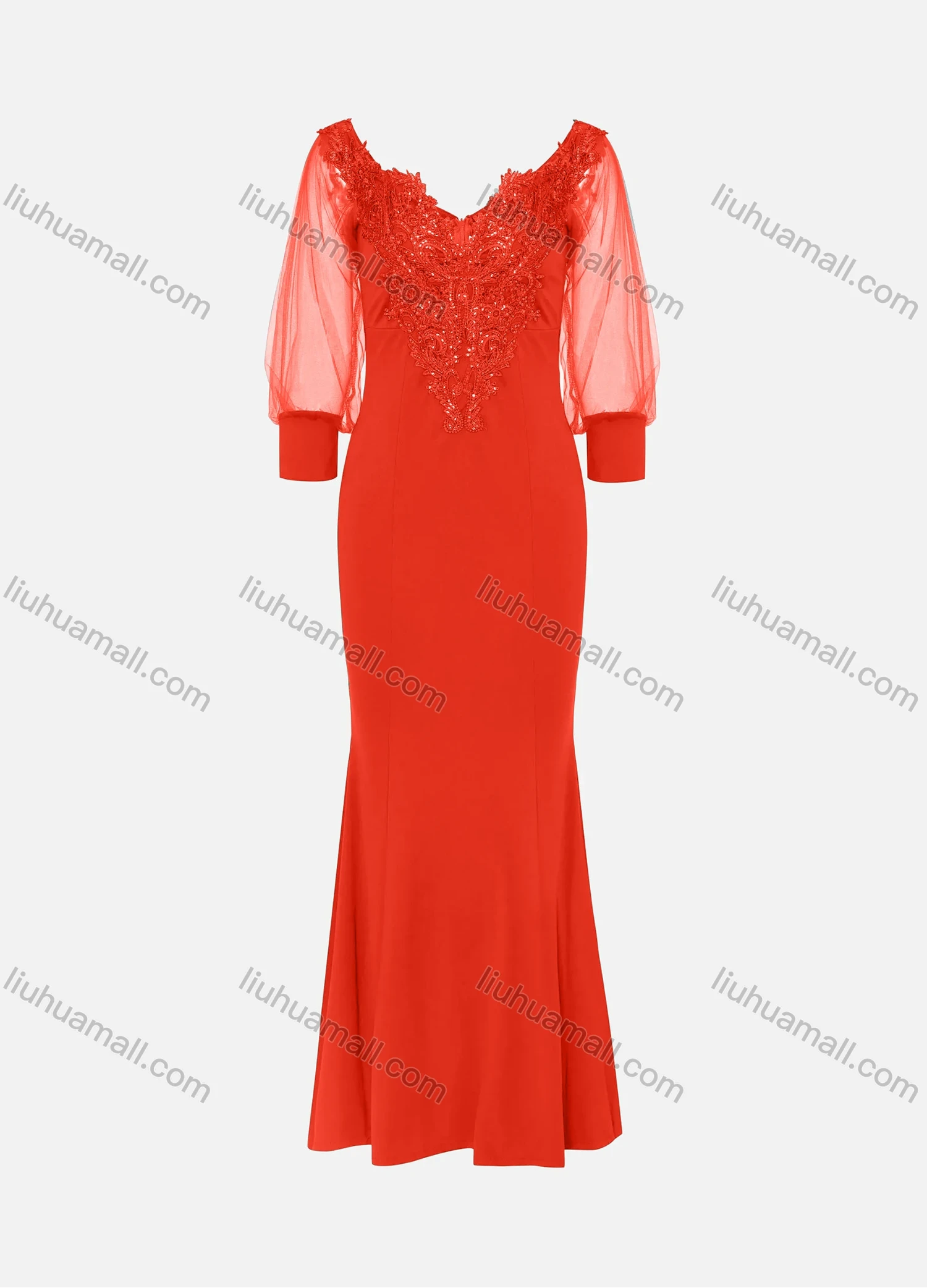 Wholesale Women's Elegant Lace Sleeve Sequin Appliques Embroidered Mermaid Evening Dress 3021# - Liuhuamall