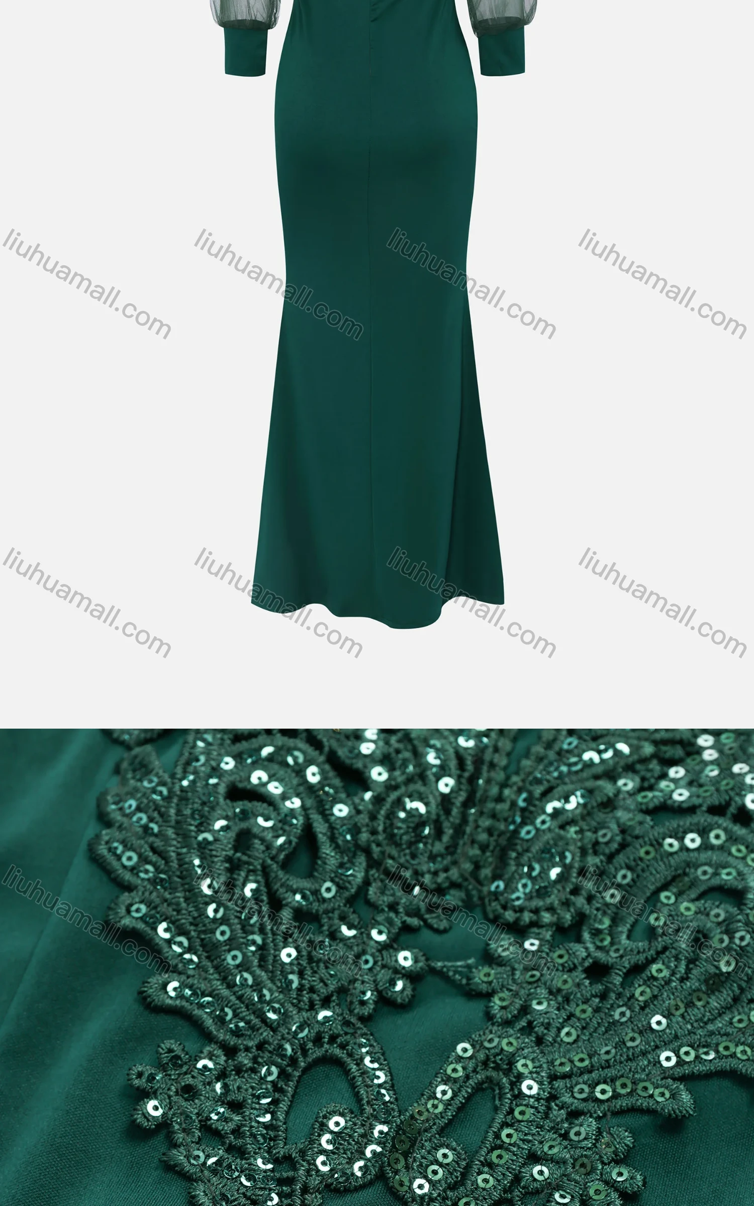 Wholesale Women's Elegant Lace Sleeve Sequin Appliques Embroidered Mermaid Evening Dress 3021# - Liuhuamall