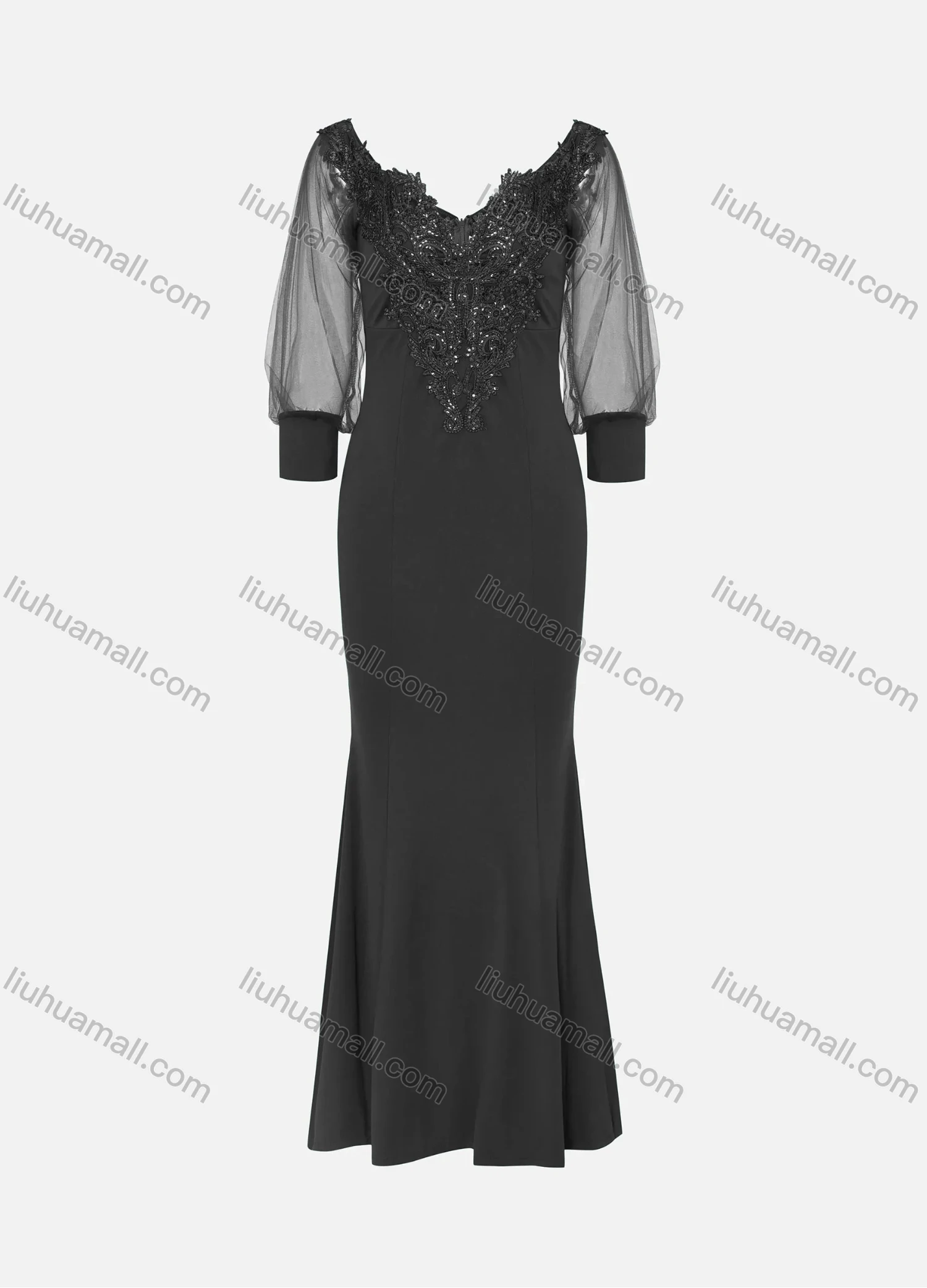 Wholesale Women's Elegant Lace Sleeve Sequin Appliques Embroidered Mermaid Evening Dress 3021# - Liuhuamall