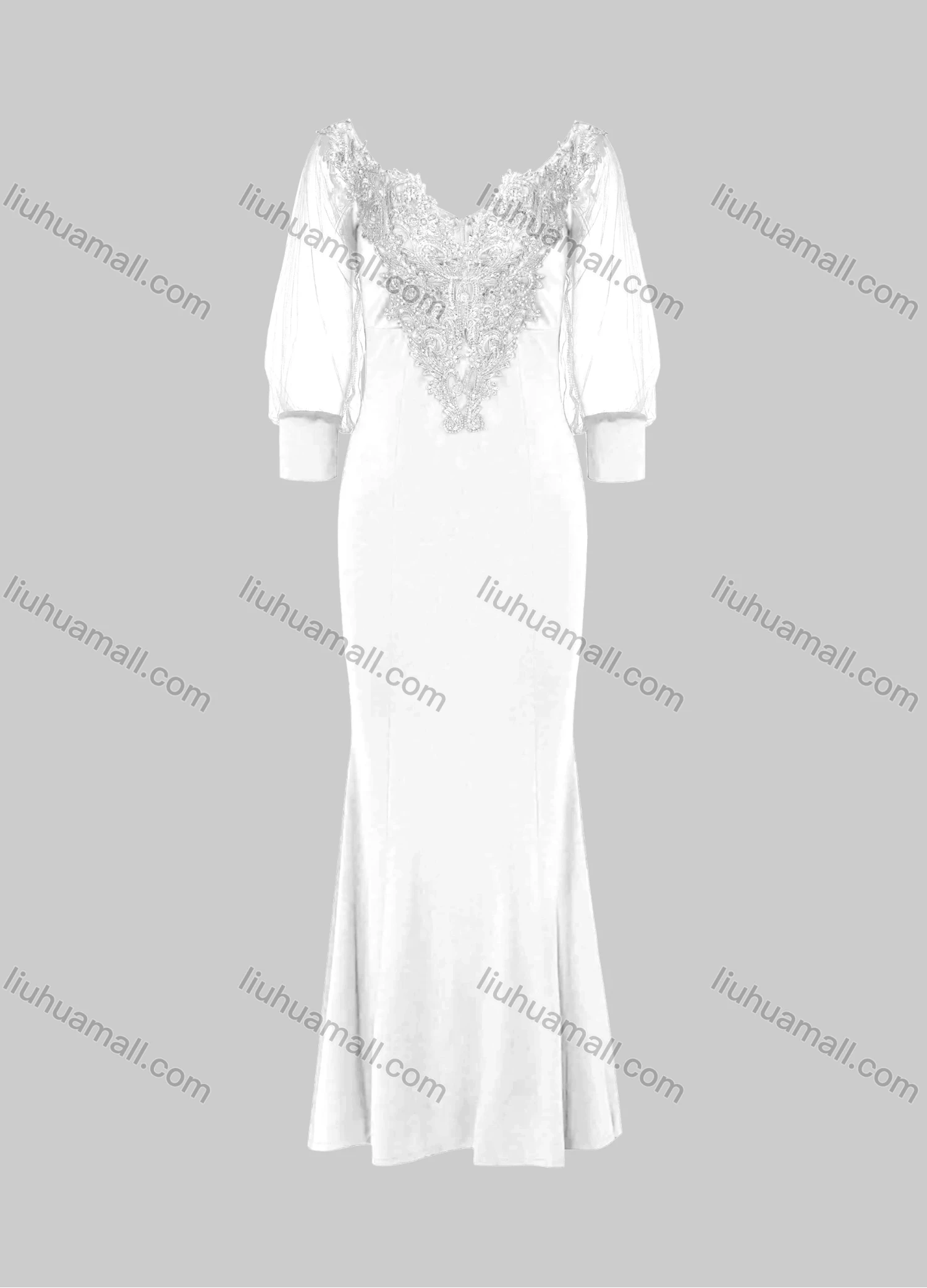 Wholesale Women's Elegant Lace Sleeve Sequin Appliques Embroidered Mermaid Evening Dress 3021# - Liuhuamall
