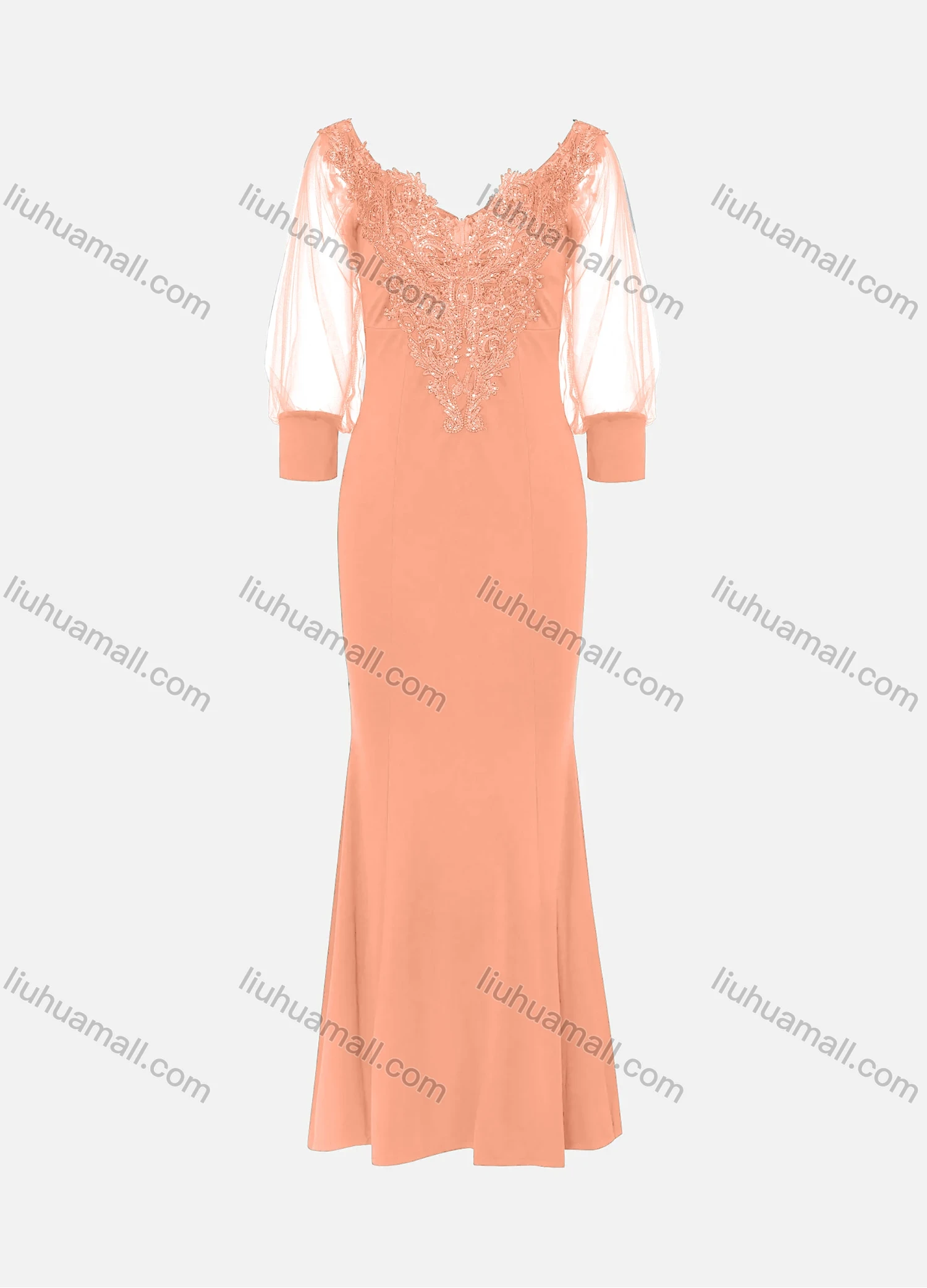 Wholesale Women's Elegant Lace Sleeve Sequin Appliques Embroidered Mermaid Evening Dress 3021# - Liuhuamall