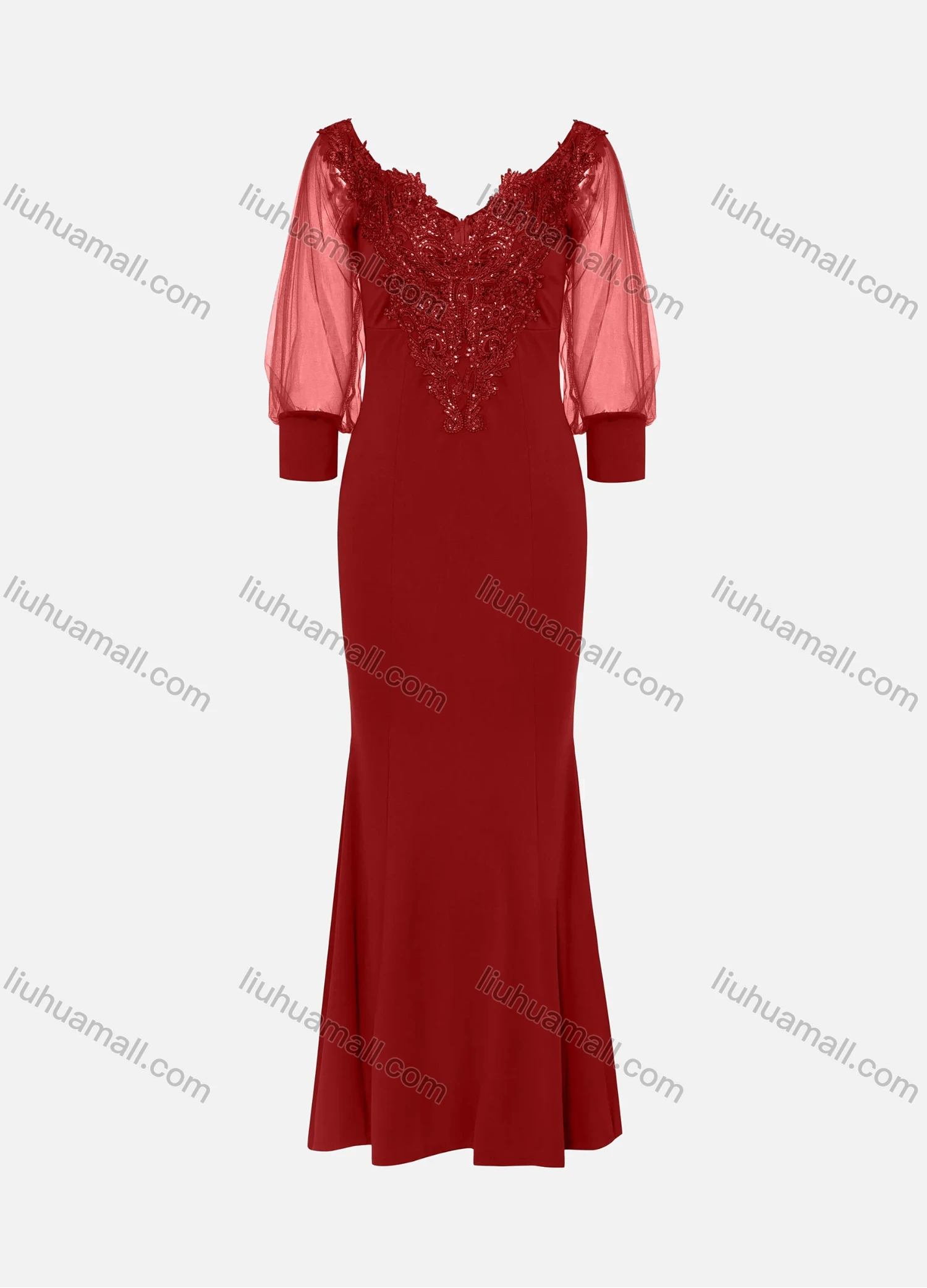 Wholesale Women's Elegant Lace Sleeve Sequin Appliques Embroidered Mermaid Evening Dress 3021# - Liuhuamall