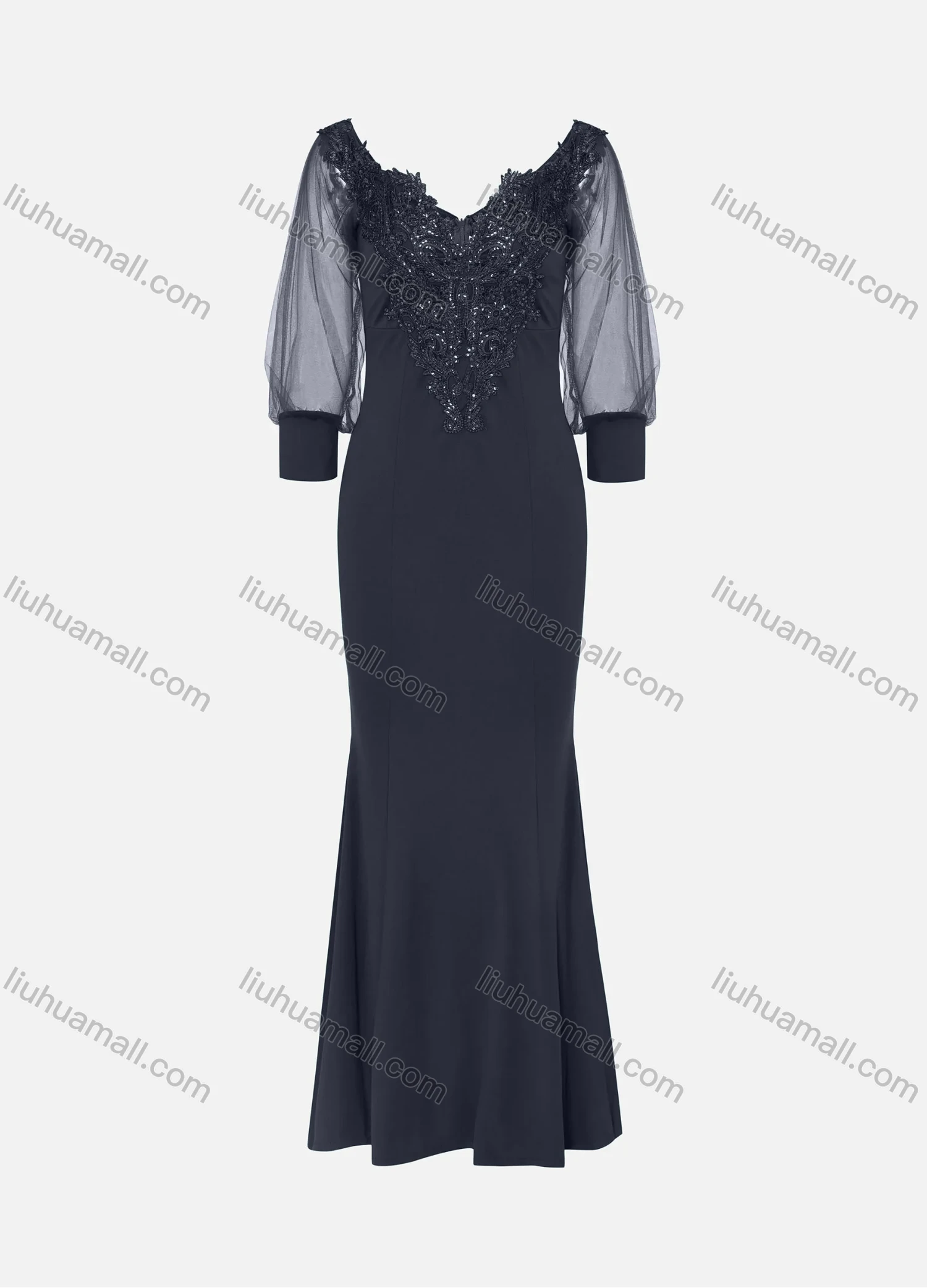 Wholesale Women's Elegant Lace Sleeve Sequin Appliques Embroidered Mermaid Evening Dress 3021# - Liuhuamall