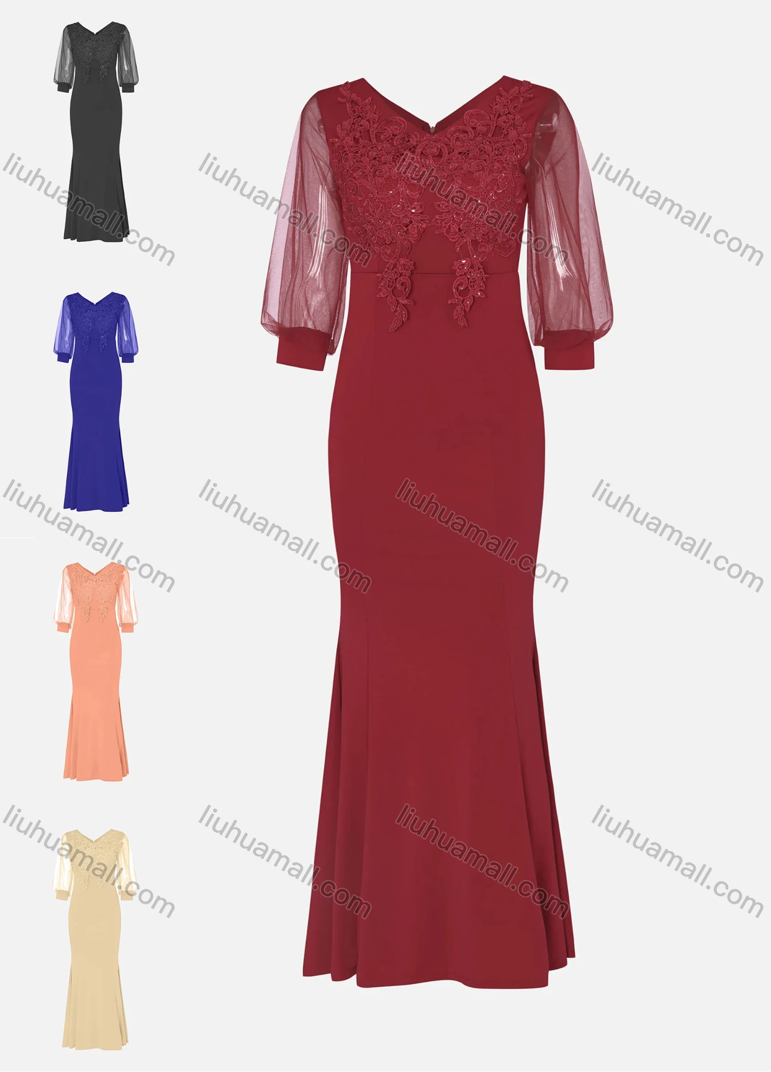 Wholesale Women's Elegant Lace Sleeve Sequin Appliques Embroidered Mermaid Evening Dress 5010# - Liuhuamall