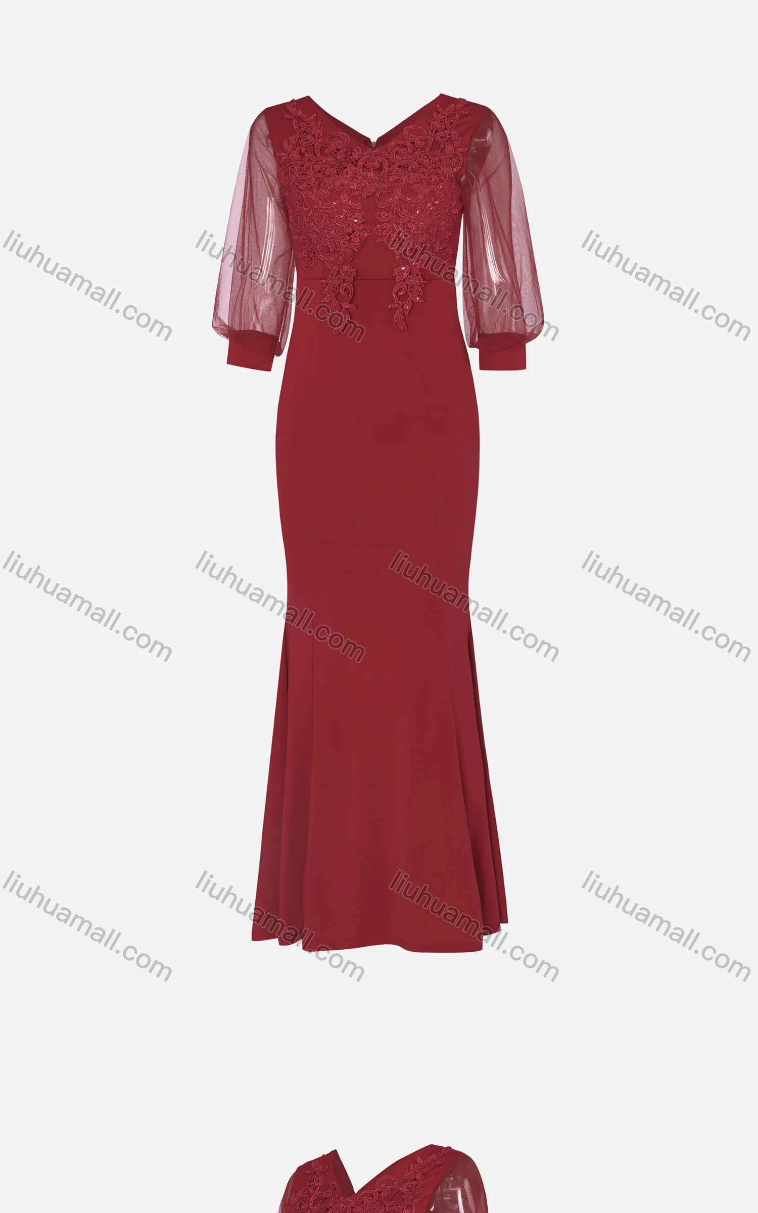 Wholesale Women's Elegant Lace Sleeve Sequin Appliques Embroidered Mermaid Evening Dress 5010# - Liuhuamall