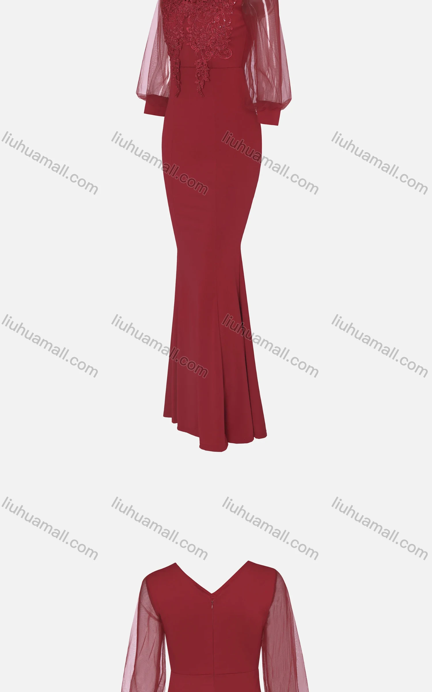 Wholesale Women's Elegant Lace Sleeve Sequin Appliques Embroidered Mermaid Evening Dress 5010# - Liuhuamall