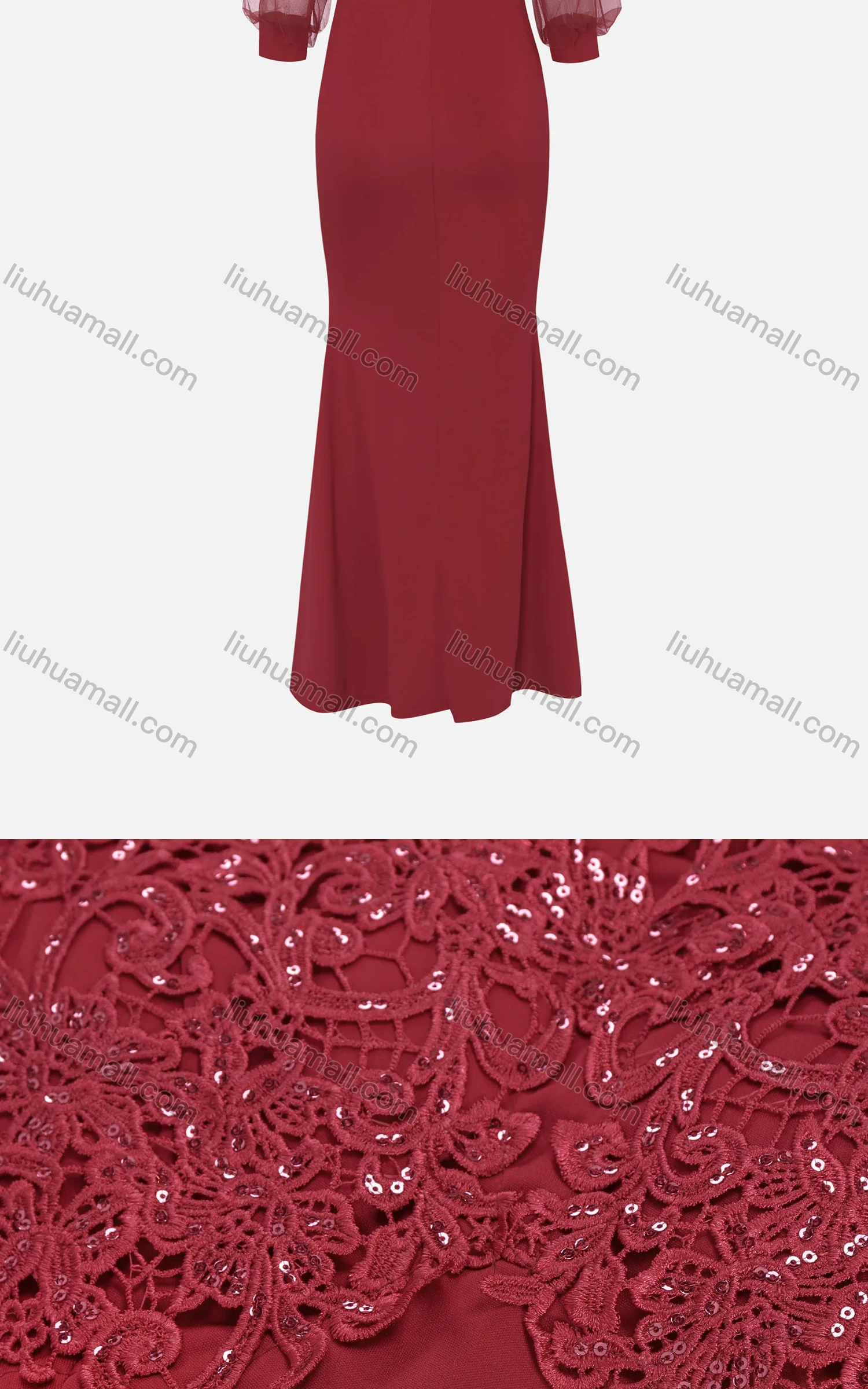Wholesale Women's Elegant Lace Sleeve Sequin Appliques Embroidered Mermaid Evening Dress 5010# - Liuhuamall