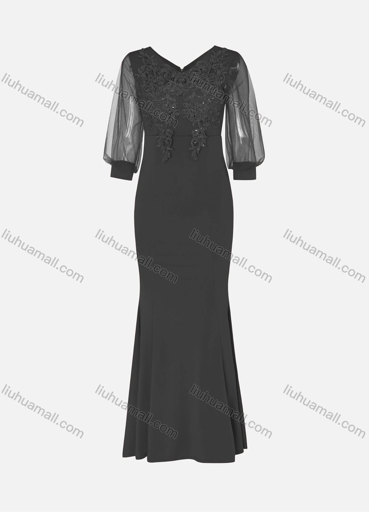 Wholesale Women's Elegant Lace Sleeve Sequin Appliques Embroidered Mermaid Evening Dress 5010# - Liuhuamall