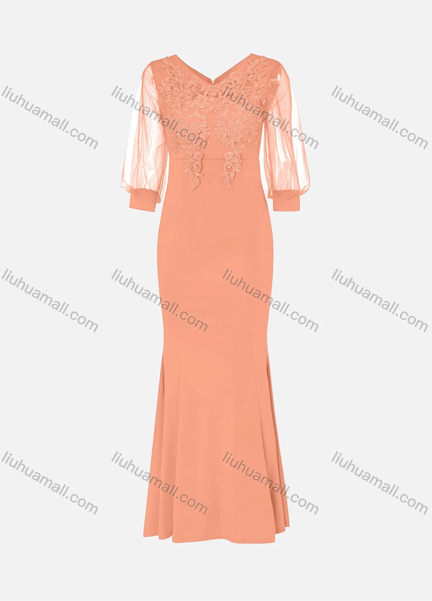 Wholesale Women's Elegant Lace Sleeve Sequin Appliques Embroidered Mermaid Evening Dress 5010# - Liuhuamall