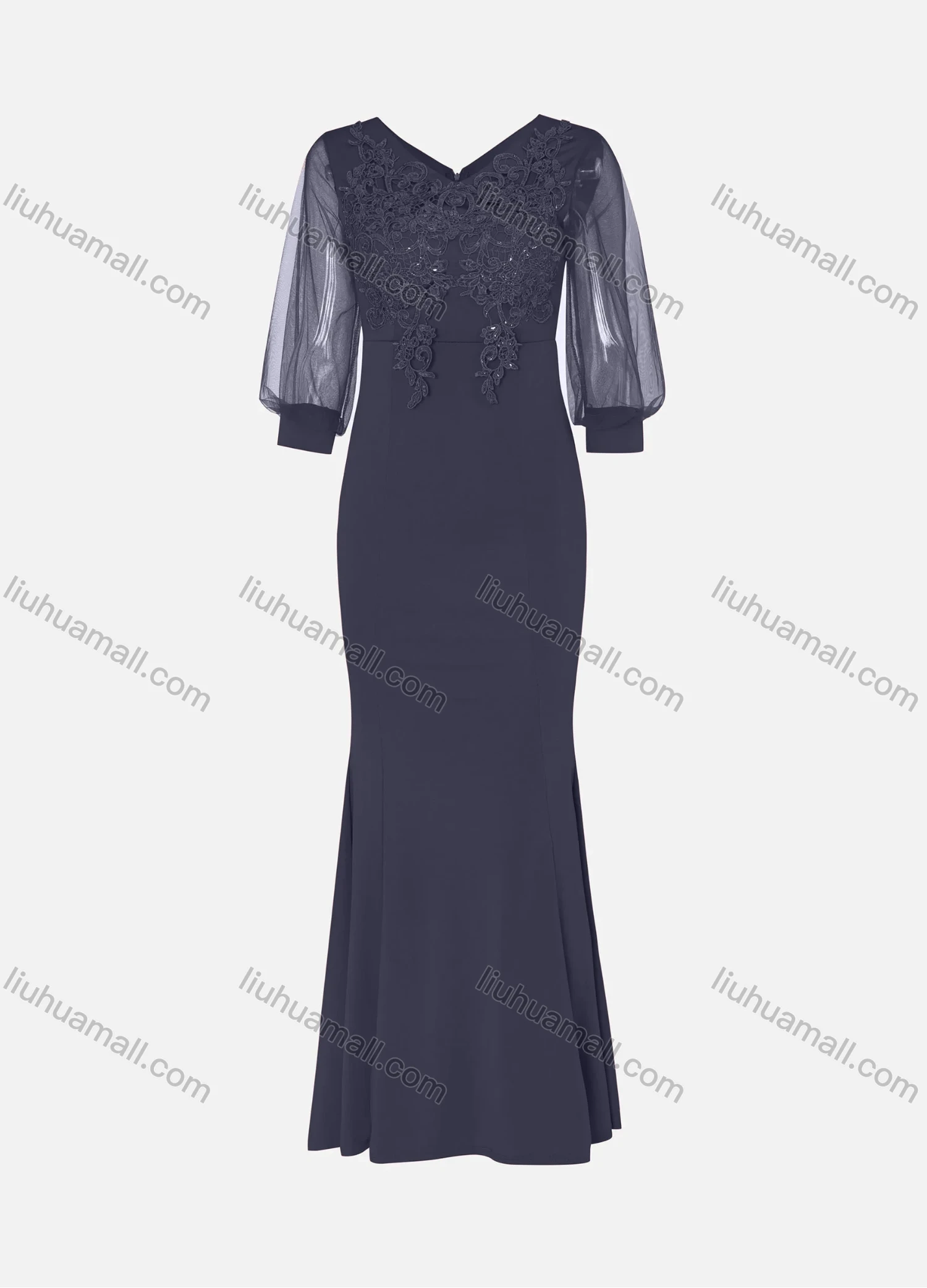 Wholesale Women's Elegant Lace Sleeve Sequin Appliques Embroidered Mermaid Evening Dress 5010# - Liuhuamall