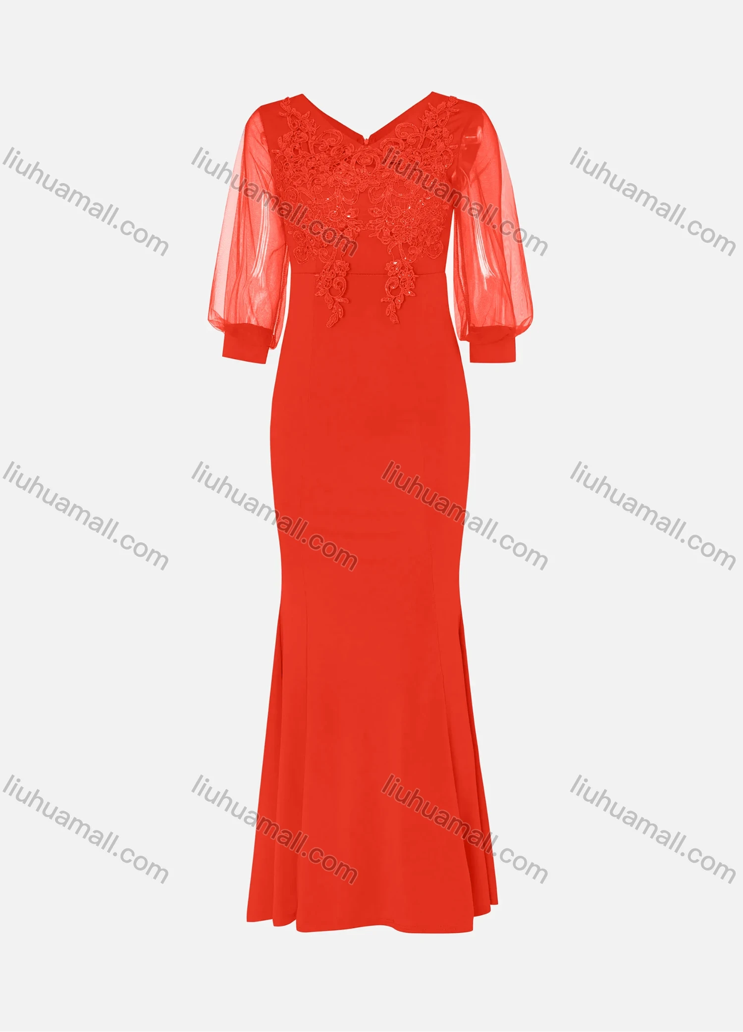 Wholesale Women's Elegant Lace Sleeve Sequin Appliques Embroidered Mermaid Evening Dress 5010# - Liuhuamall