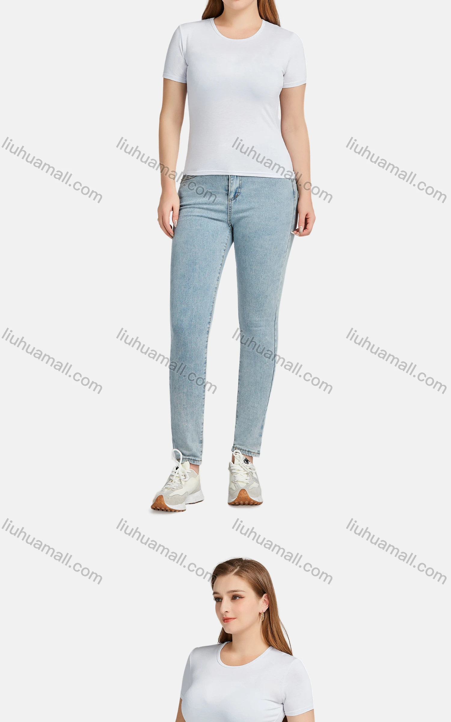 Wholesale Women's Casual Plain Crew Neck Short Sleeve Slim Fit Tee - Liuhuamall