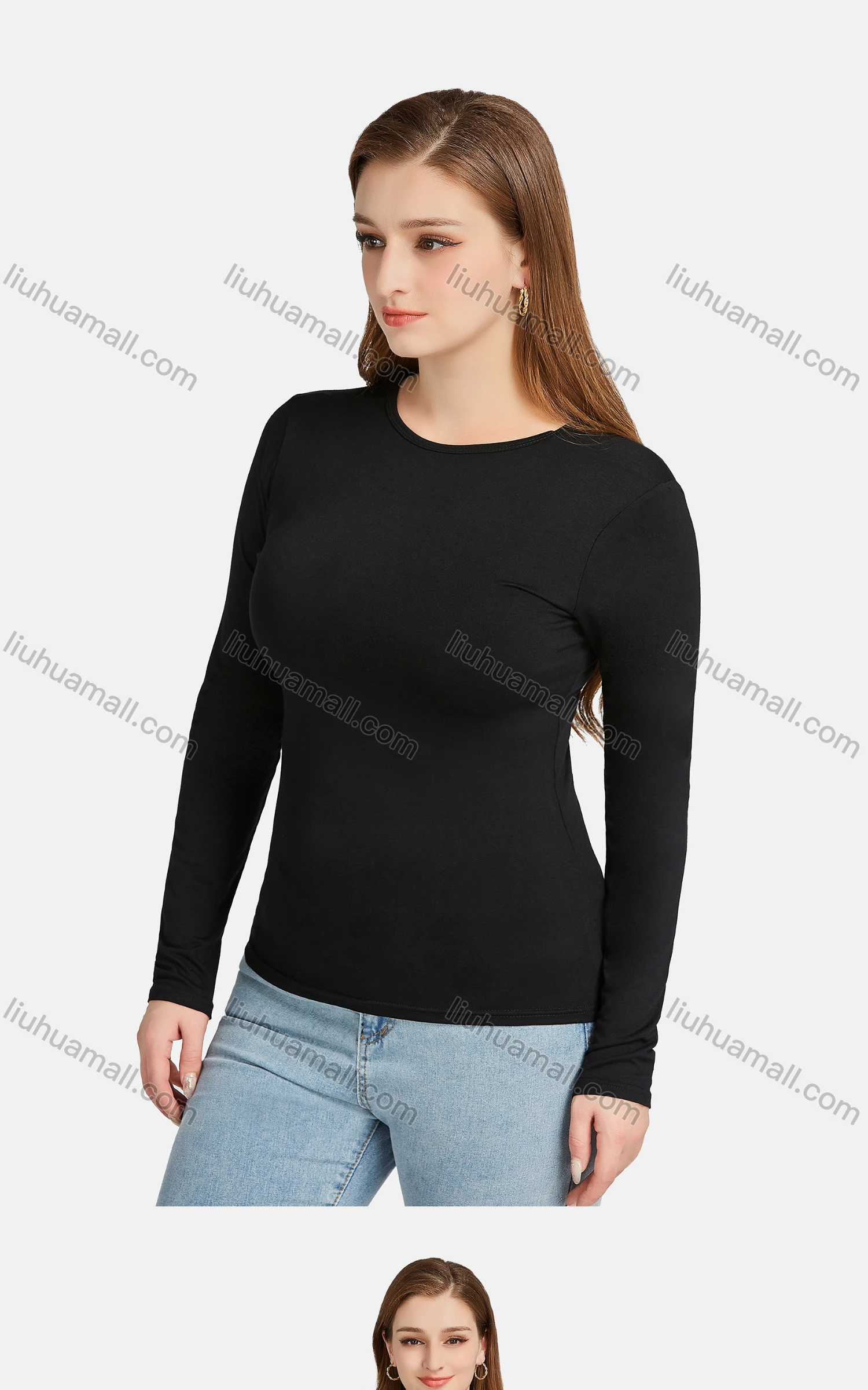 Wholesale Women's Casual Plain Crew Neck Long Sleeve Slim Fit Tee - Liuhuamall