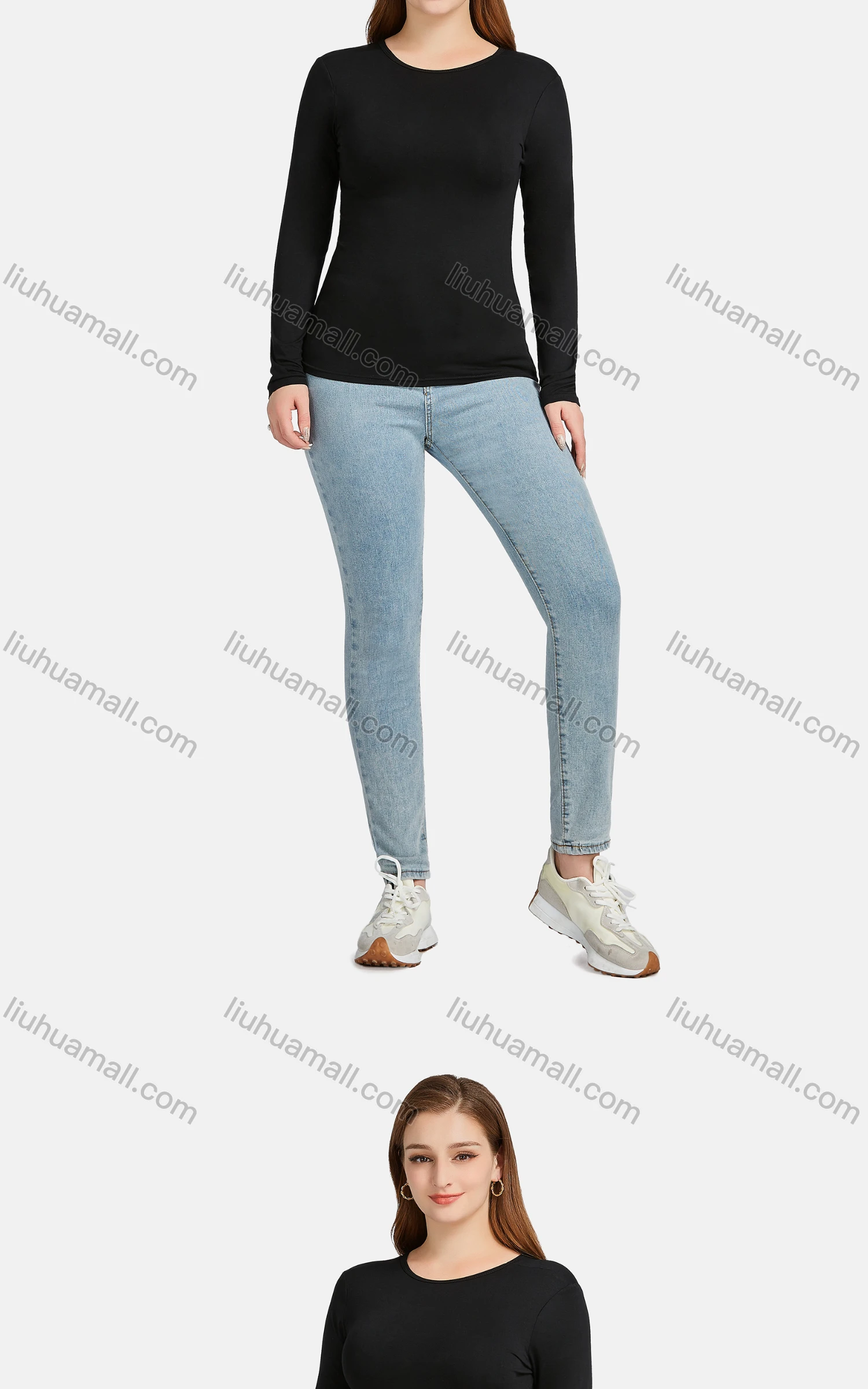 Wholesale Women's Casual Plain Crew Neck Long Sleeve Slim Fit Tee - Liuhuamall